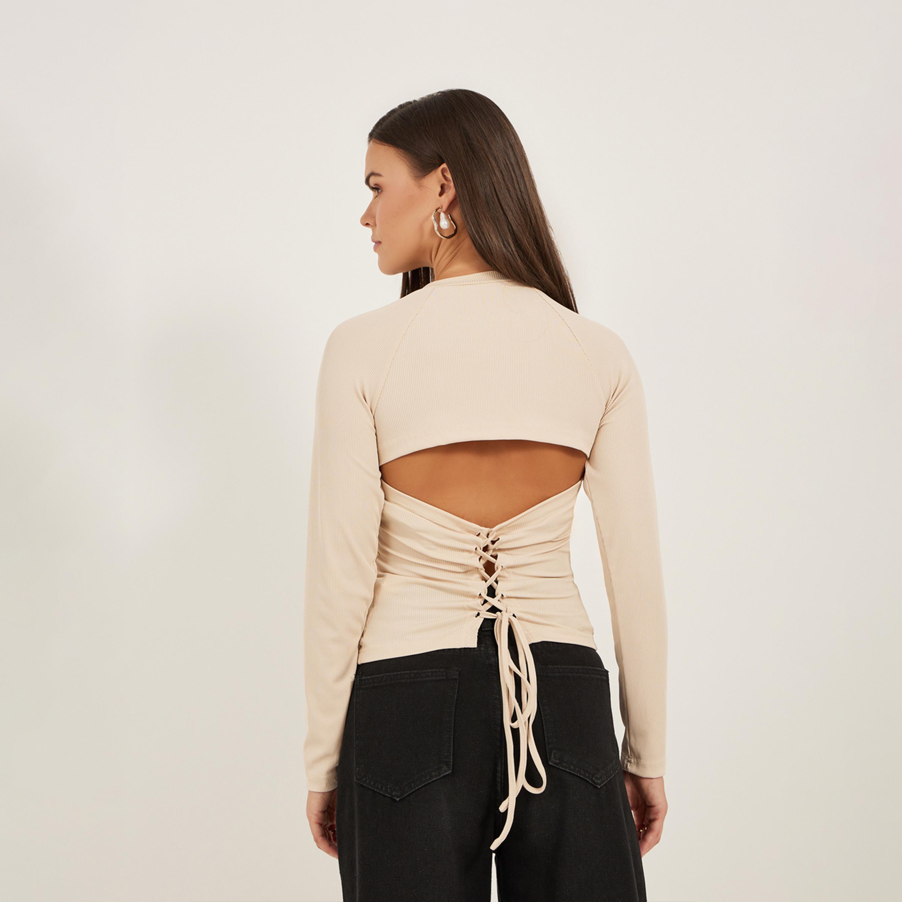 ستايلي - تي شيرت نسائي قصير برقبة دائرية وربطة خصر-women-clothing-tshirts-image-5