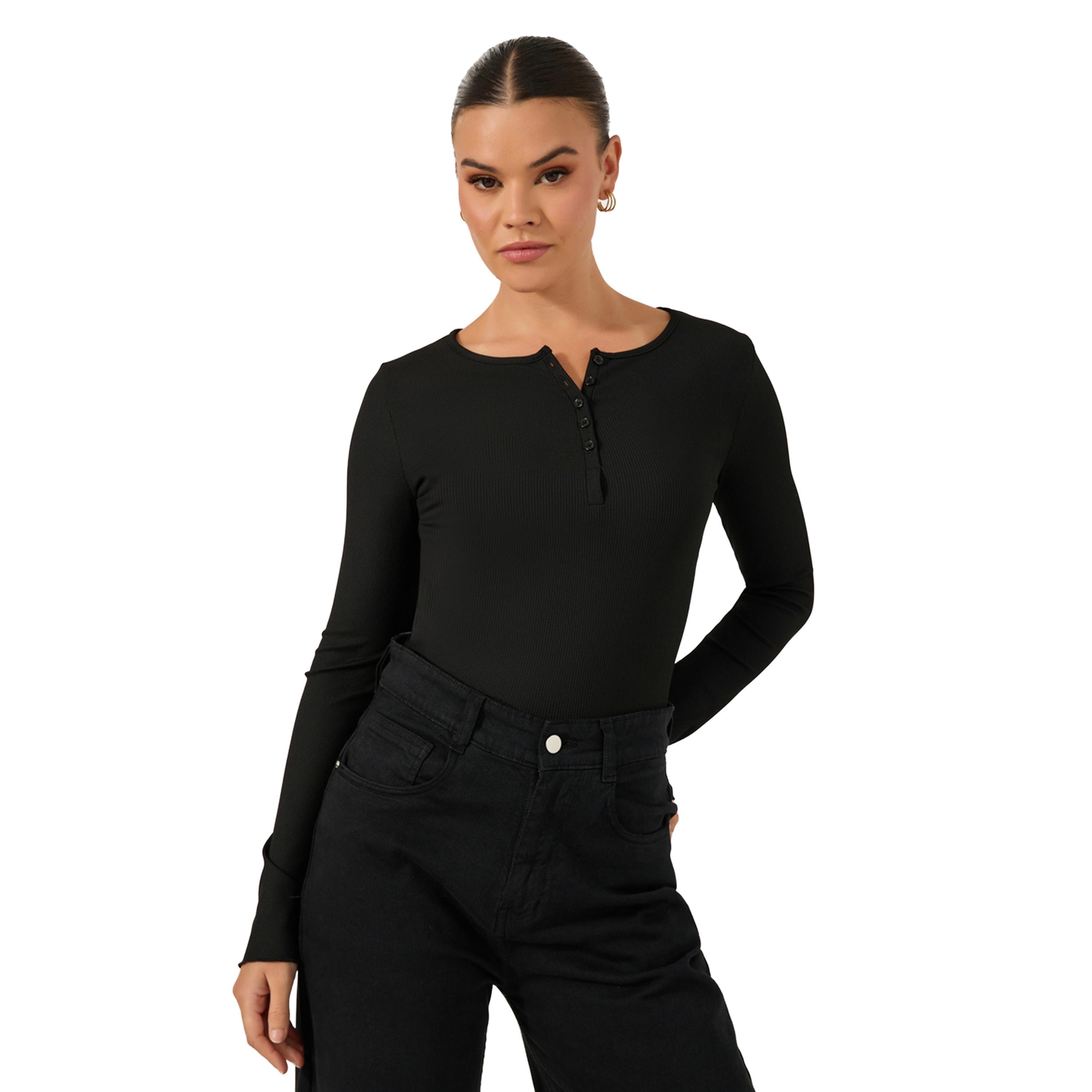 Styli Solid Notch Neck Long Sleeve T-Shirt-women-clothing-tshirts-image-1