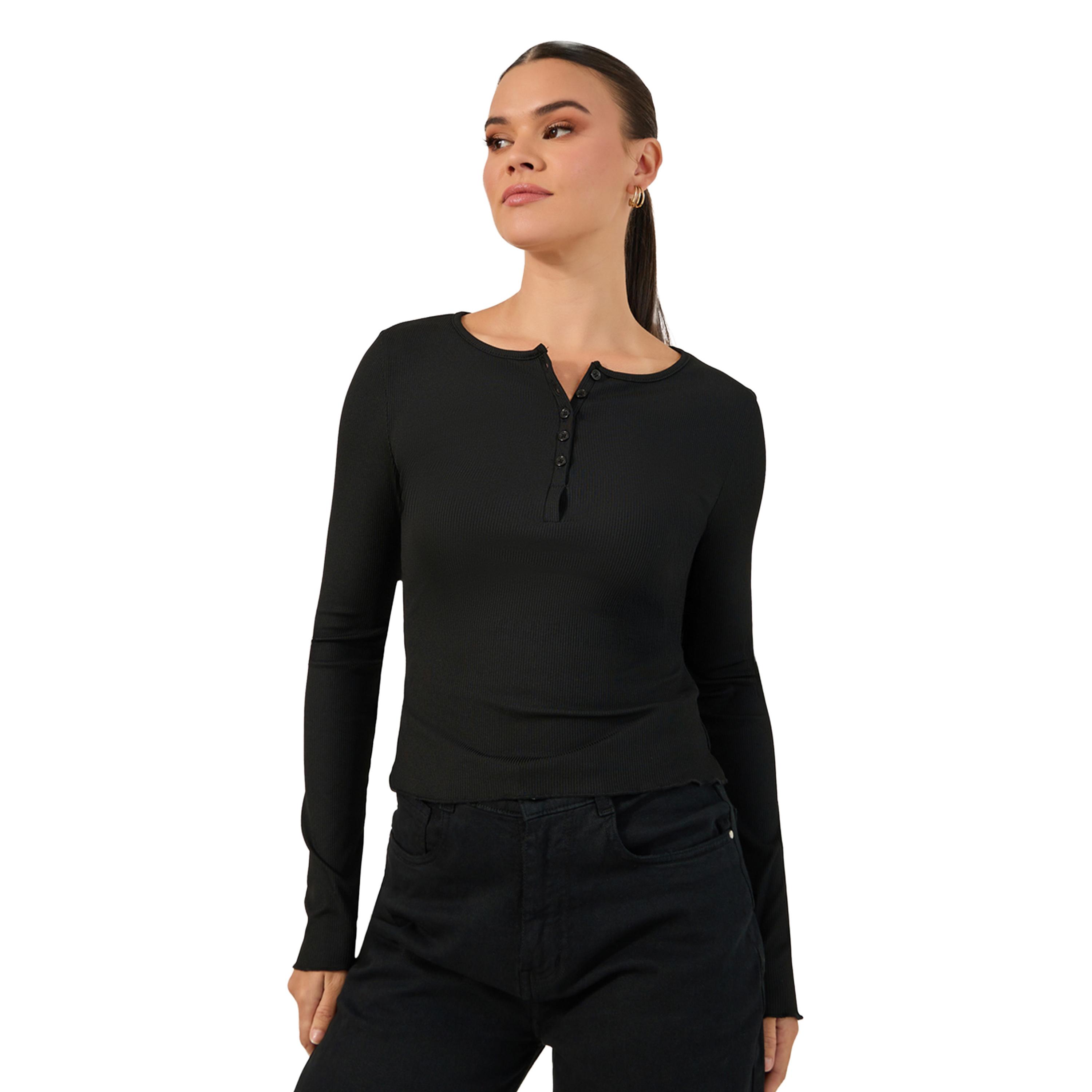 Styli Solid Notch Neck Long Sleeve T-Shirt-women-clothing-tshirts-image-2