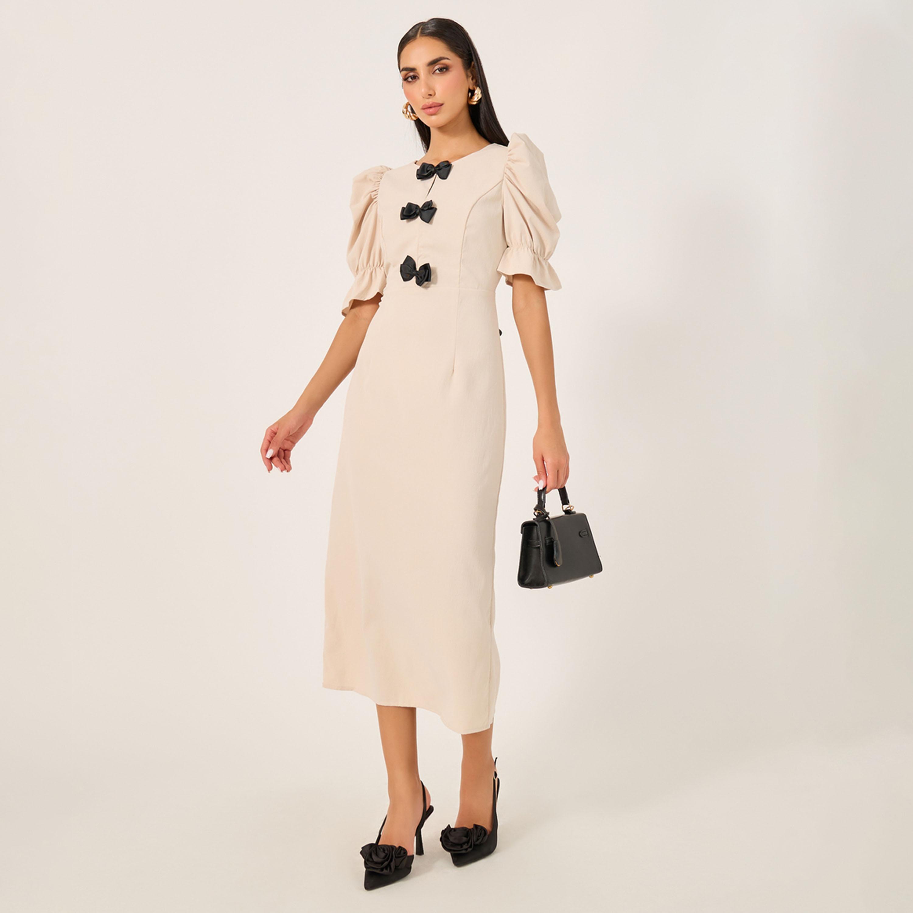 Styli Womens Summer Elegant Puff Sleeve Bow Decoration Dress-women-clothing-dresses-image-1