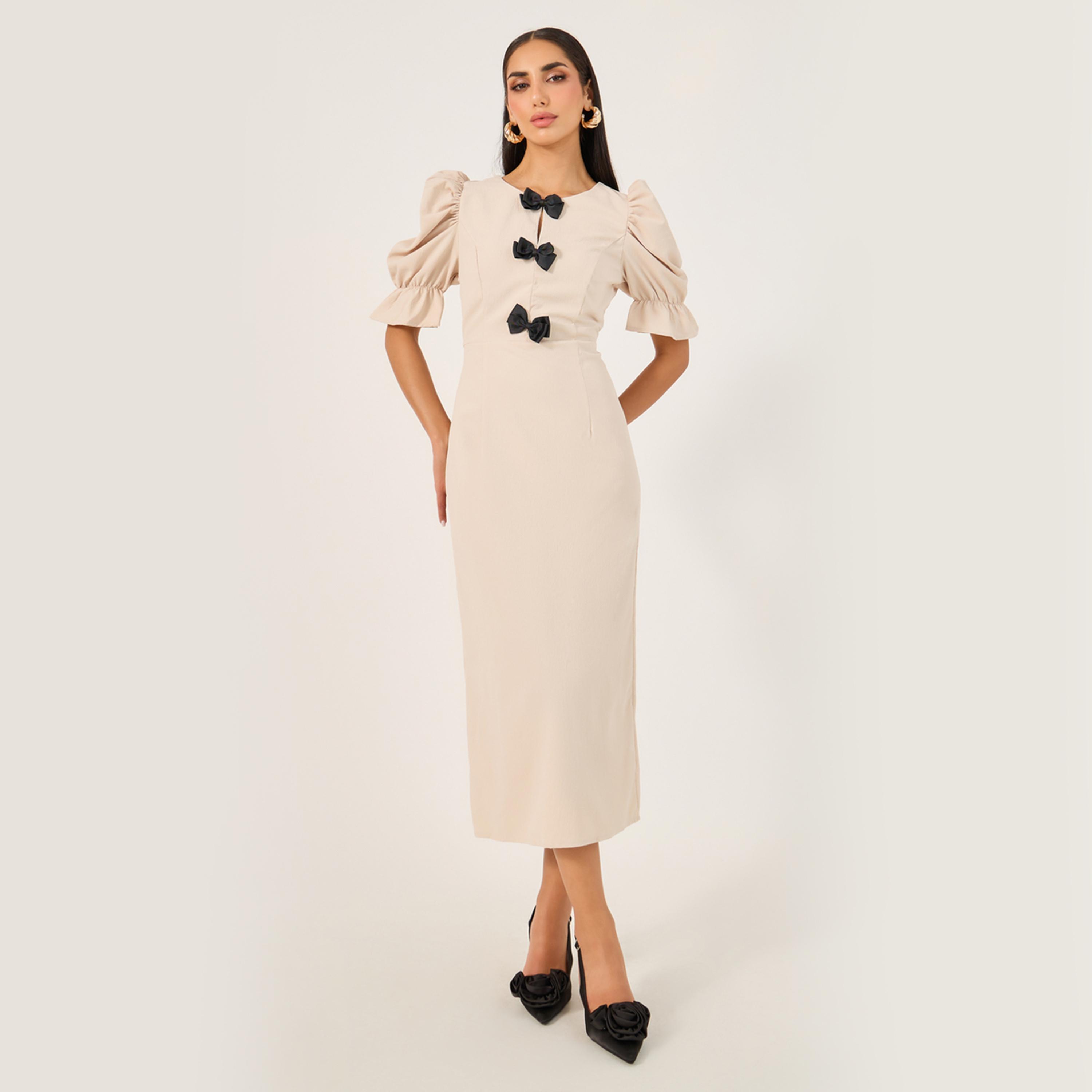 Styli Womens Summer Elegant Puff Sleeve Bow Decoration Dress-women-clothing-dresses-image-2