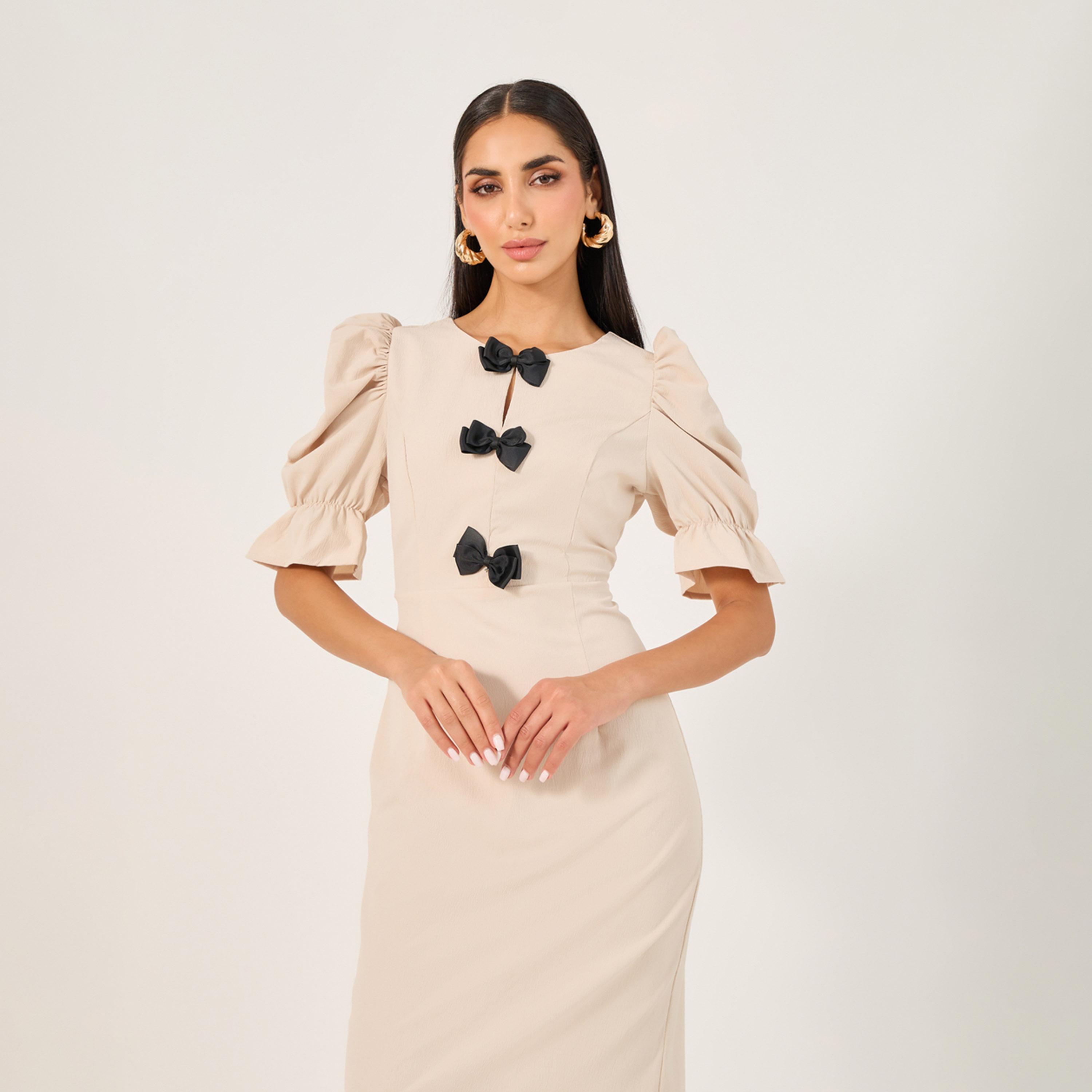 Styli Womens Summer Elegant Puff Sleeve Bow Decoration Dress-women-clothing-dresses-image-3