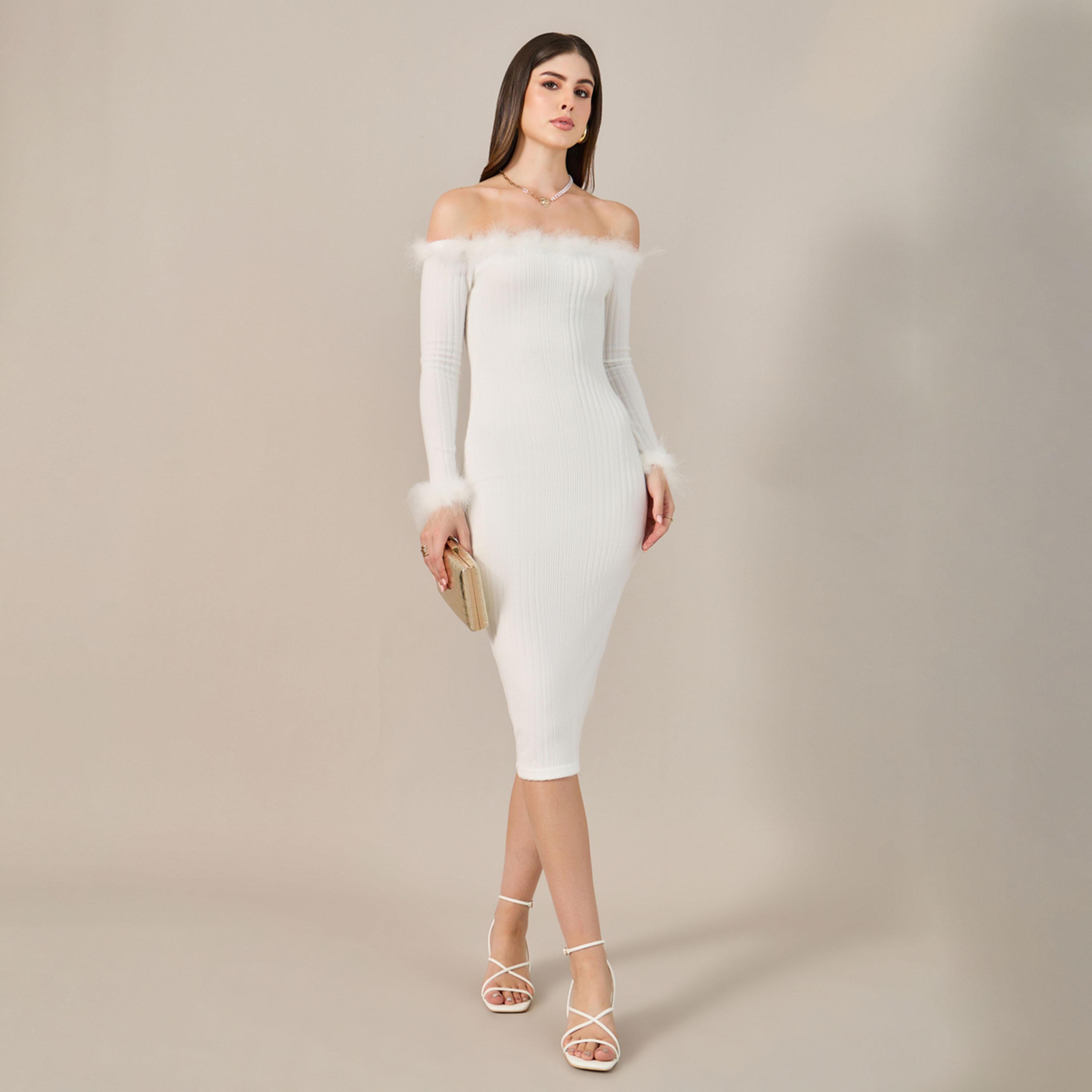 Styli Womens Solid Off Shoulder Fuzzy Trim Bodycon Dress-women-clothing-dresses-image-1
