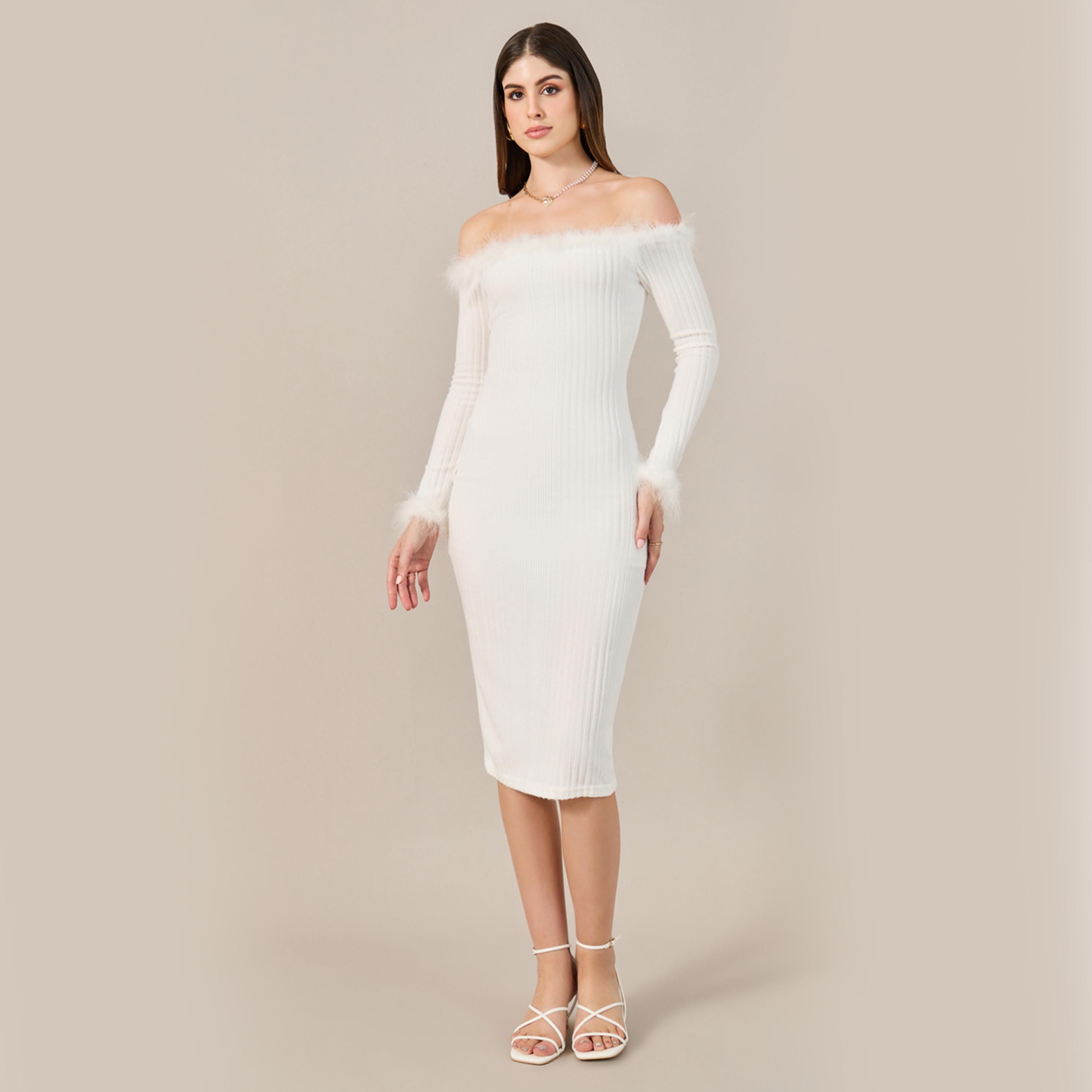 ستايلي - فستان نسائي ضيق مكشوف الكتفين بحواف ناعمة-women-clothing-dresses-image-2