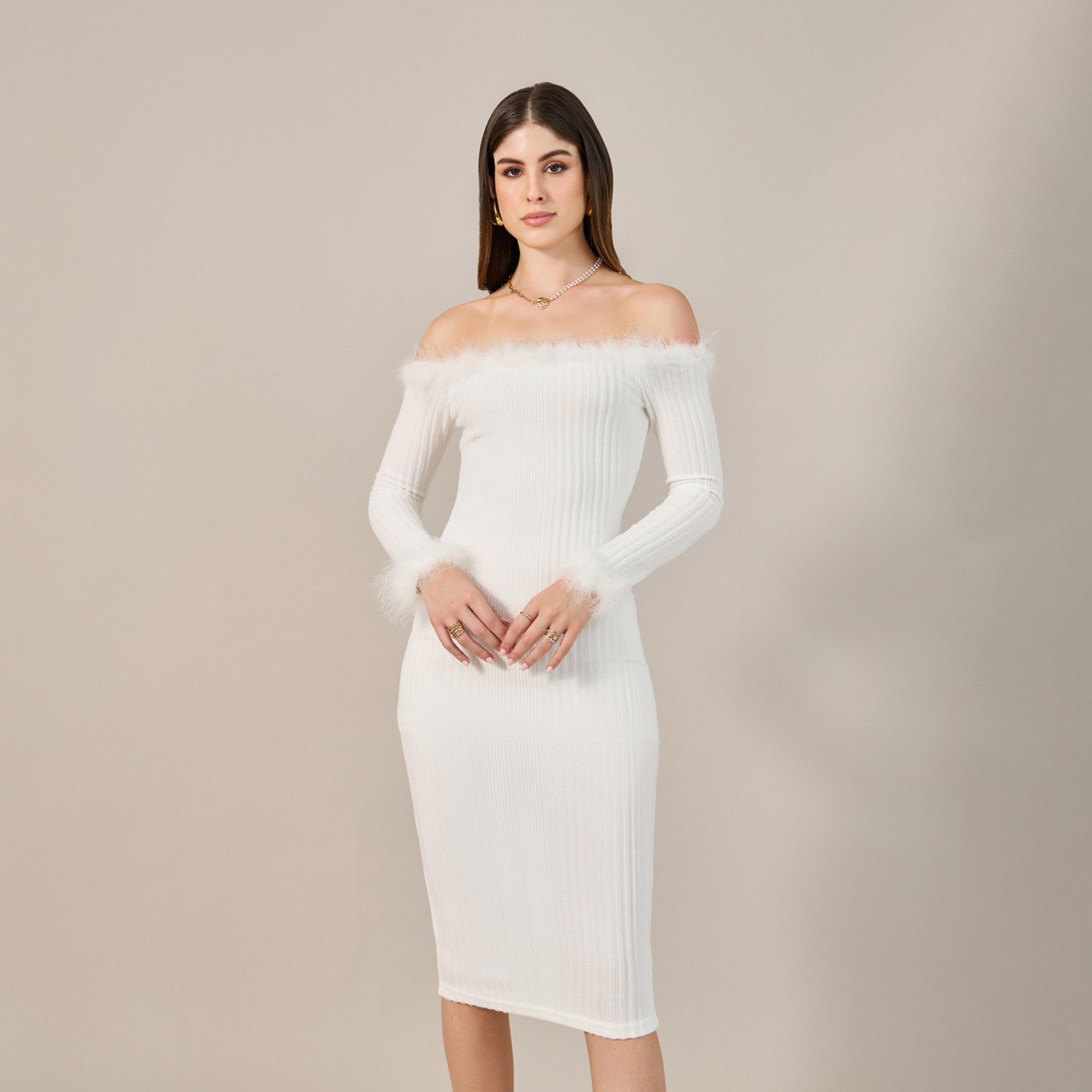 Styli Womens Solid Off Shoulder Fuzzy Trim Bodycon Dress-women-clothing-dresses-image-3