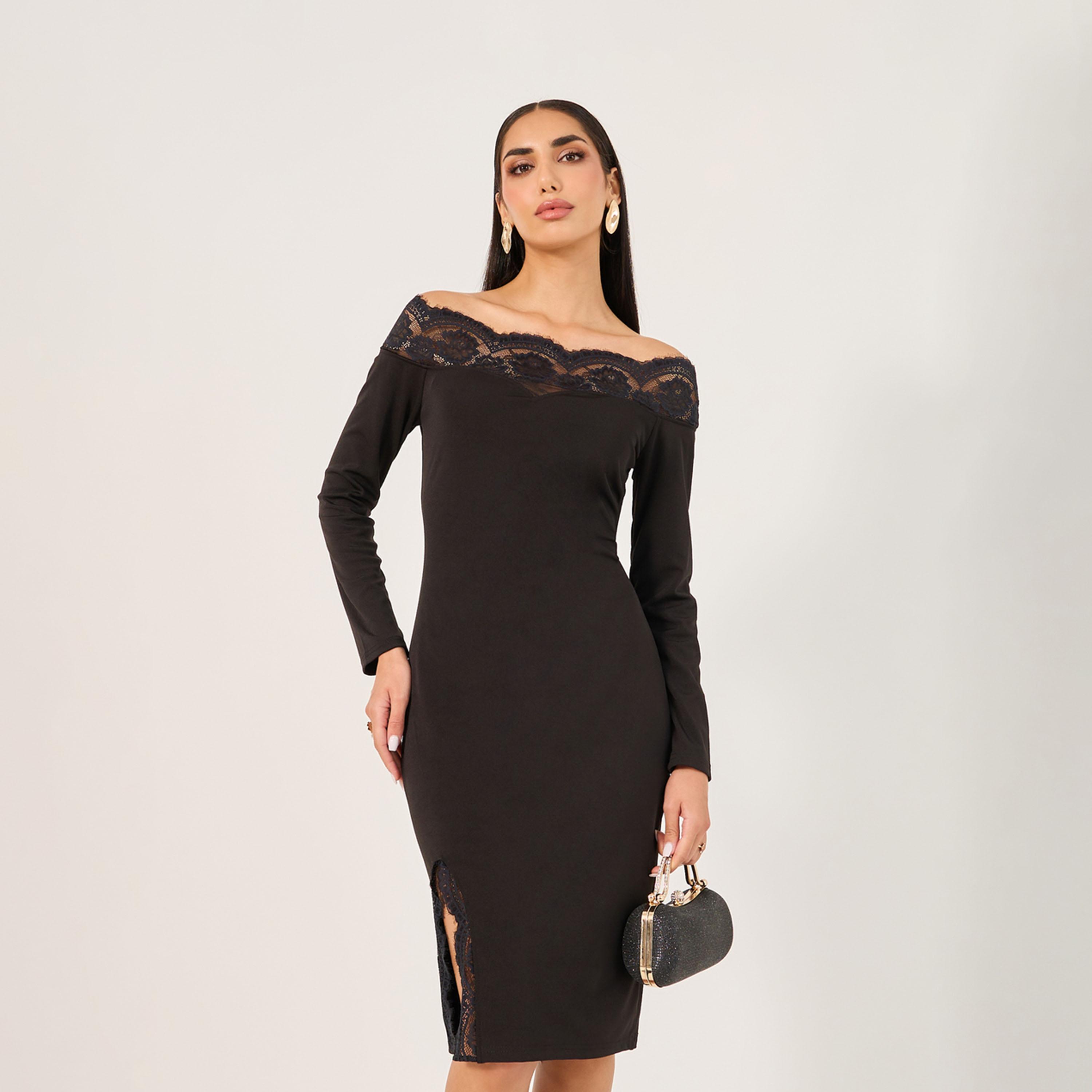 Styli Womens Solid Off Shoulder Lace Detail Party Dress-women-clothing-dresses-image-1