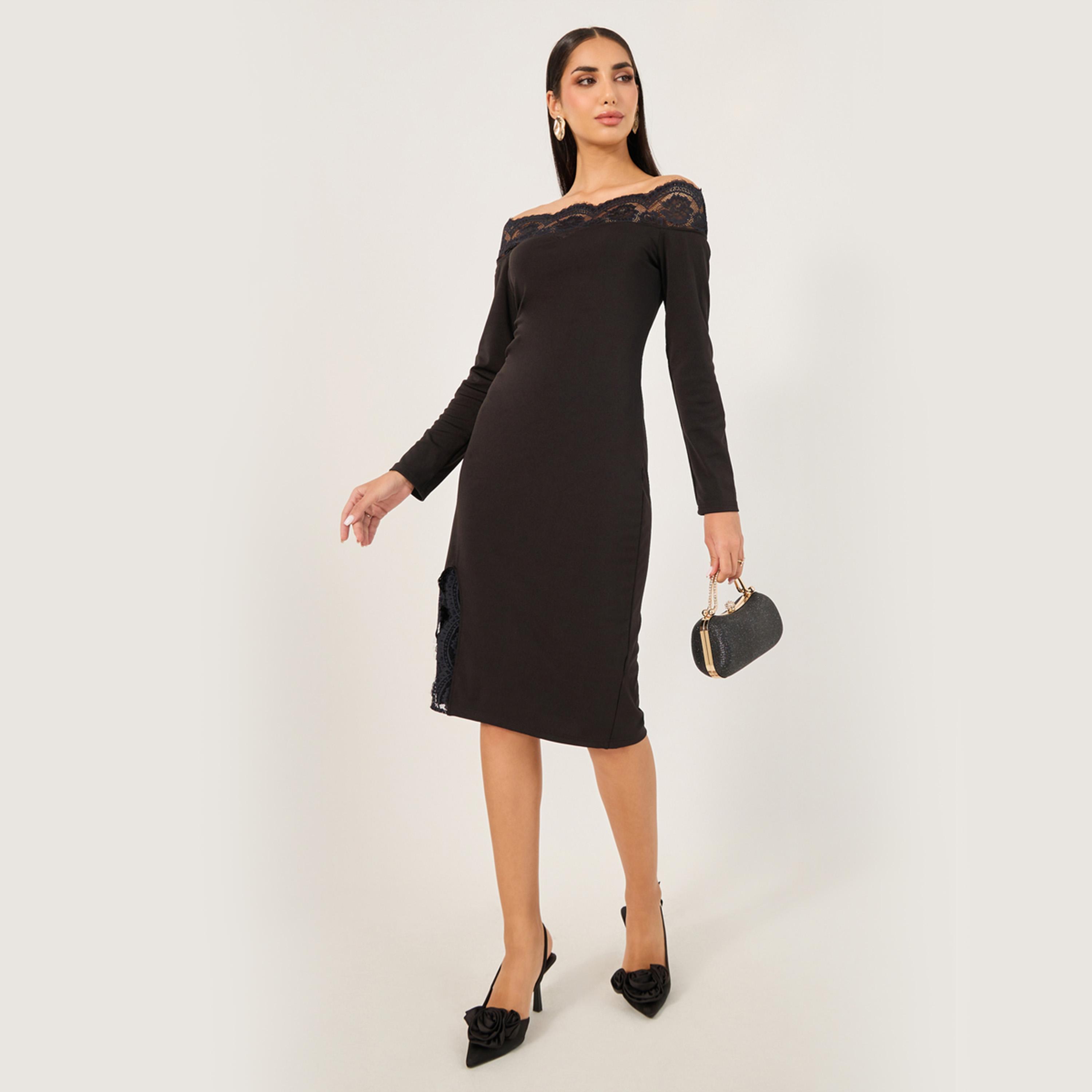 Styli Womens Solid Off Shoulder Lace Detail Party Dress-women-clothing-dresses-image-2