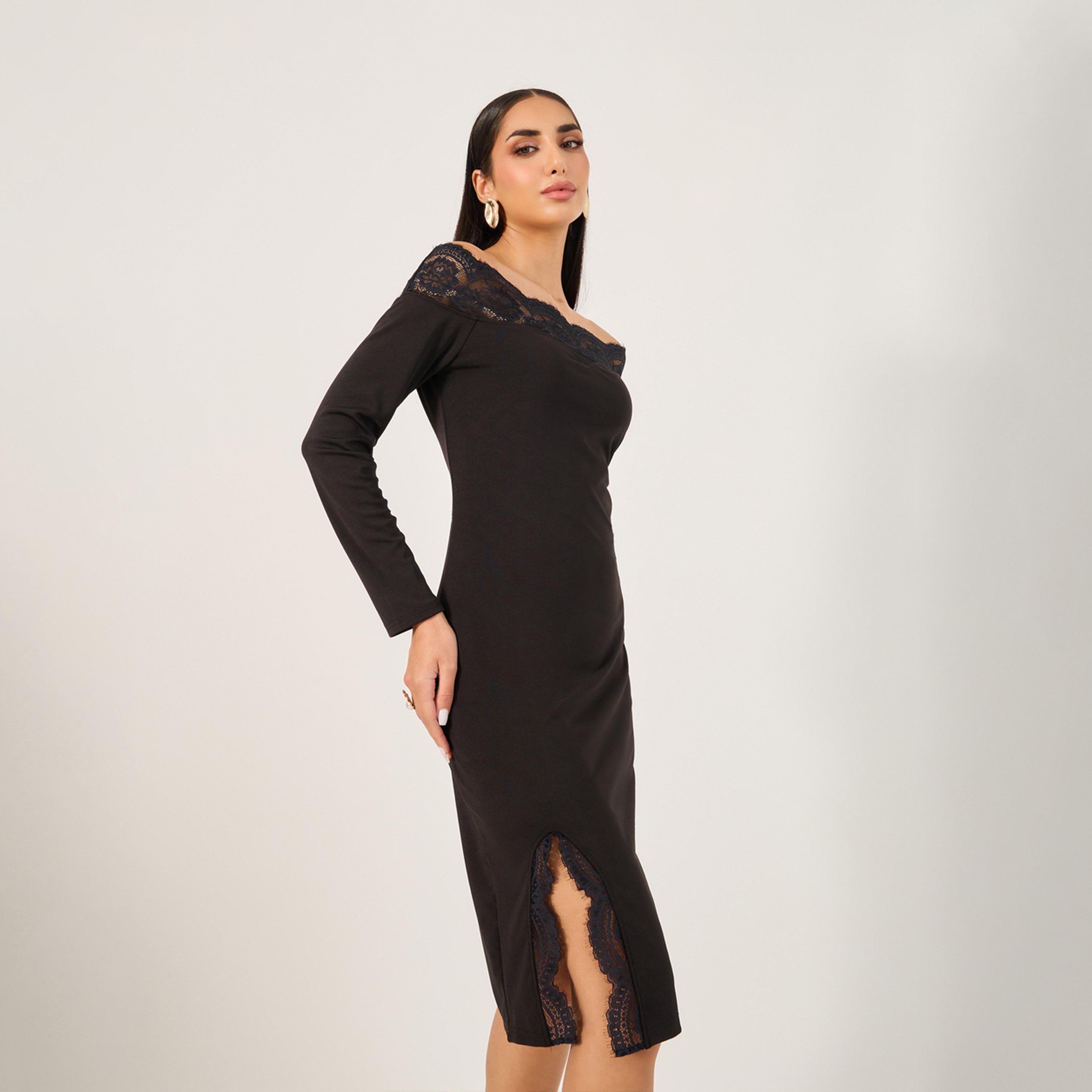 Styli Womens Solid Off Shoulder Lace Detail Party Dress-women-clothing-dresses-image-3
