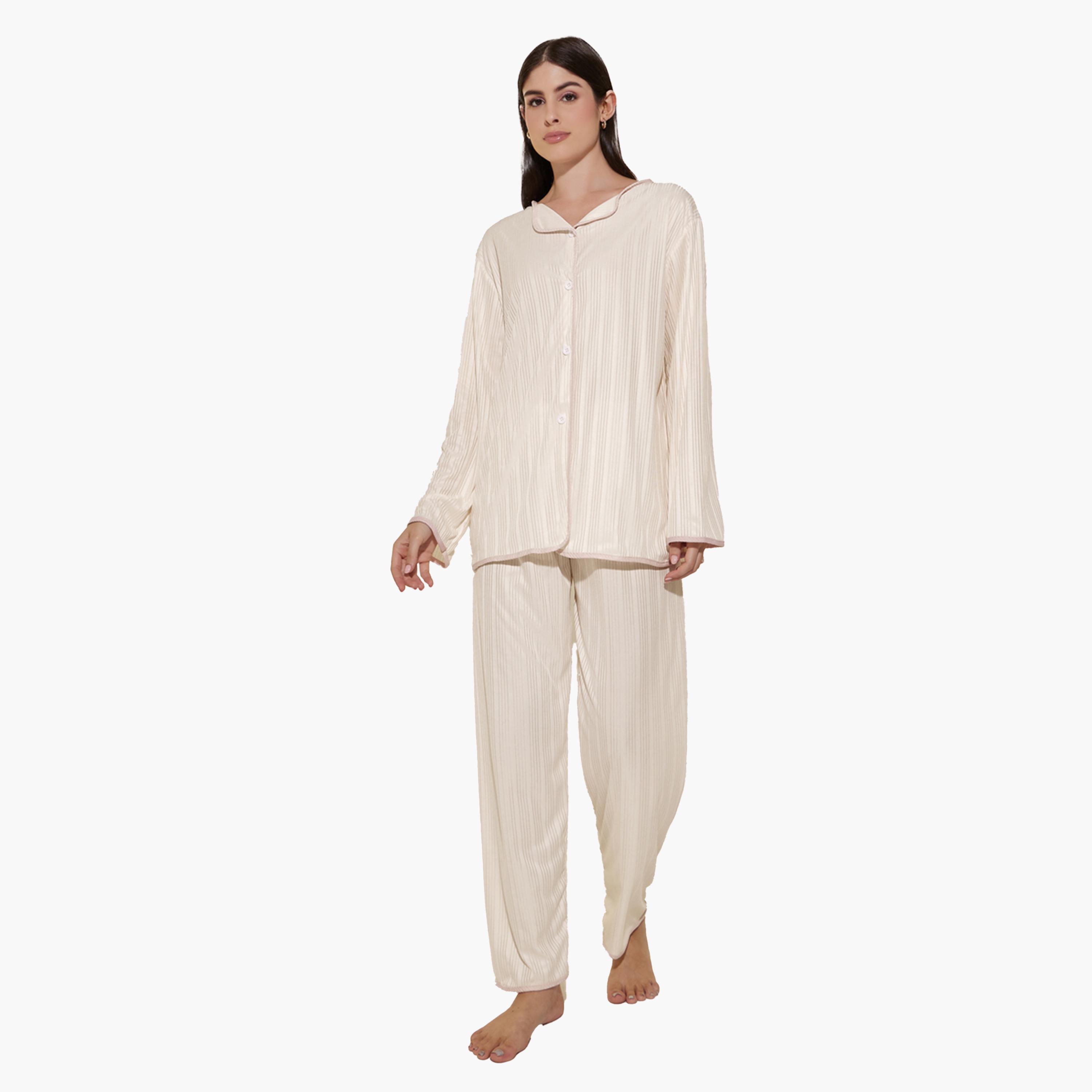 ستايلي - طقم قميص مخطط بأكمام طويلة وبنطال بيجامة-women-clothing-nightwear-pyjamas-longsets-image-1