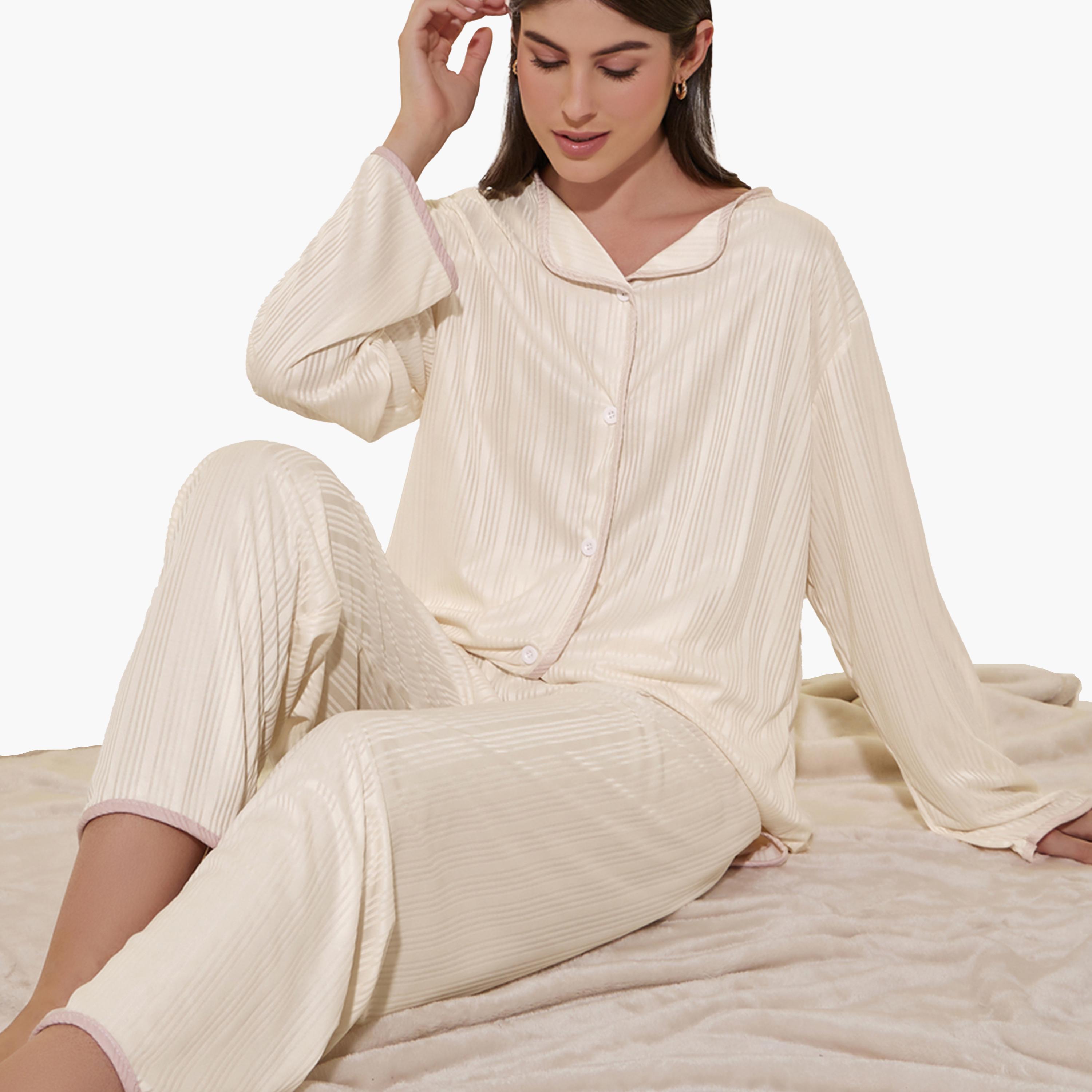 Styli Striped Long Sleeve Shirt and Pyjama Set-women-clothing-nightwear-pyjamas-longsets-image-2