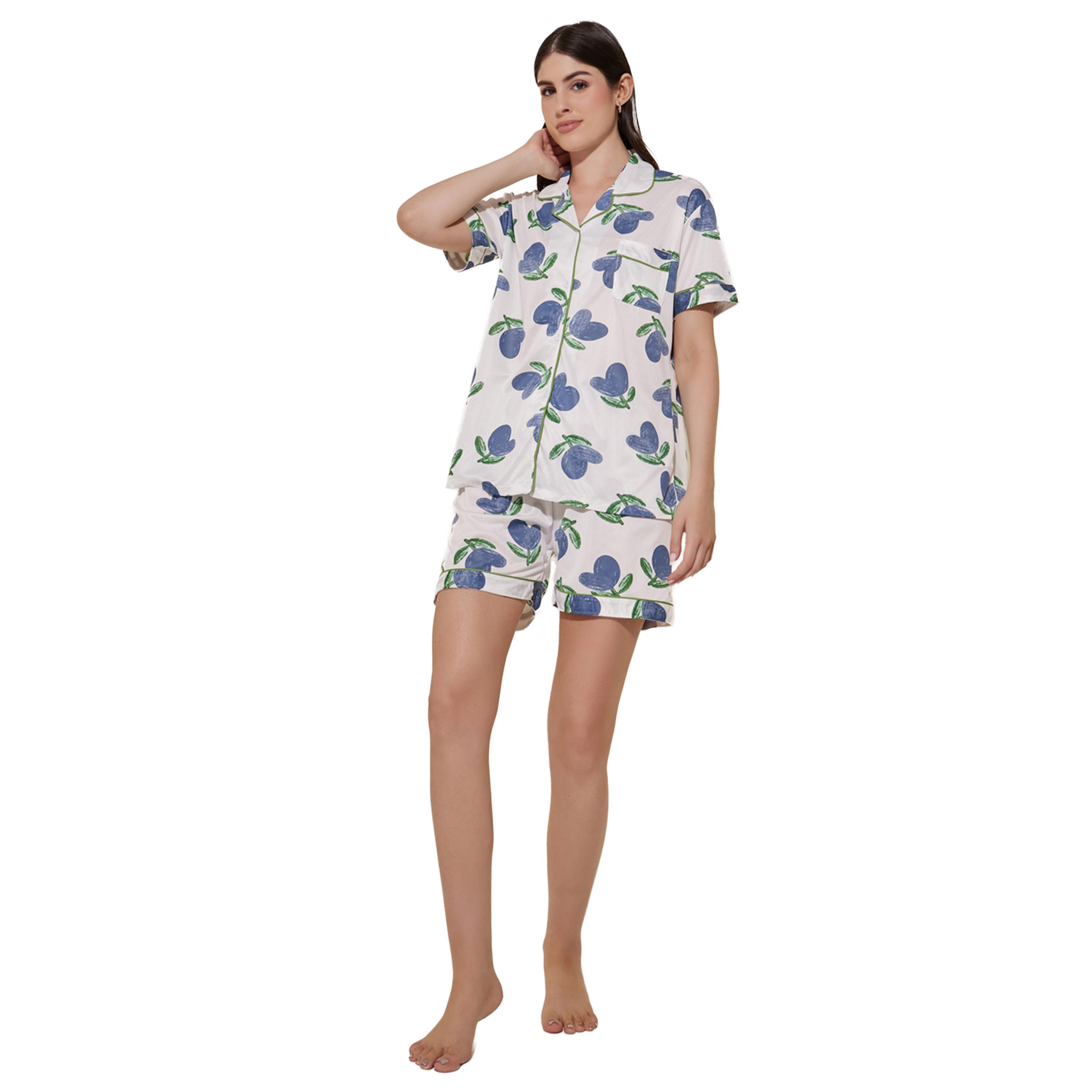 ستايلي - طقم قميص وشورت بأكمام قصيرة بطبعة زهور-women-clothing-nightwear-pyjamas-shortsets-image-1