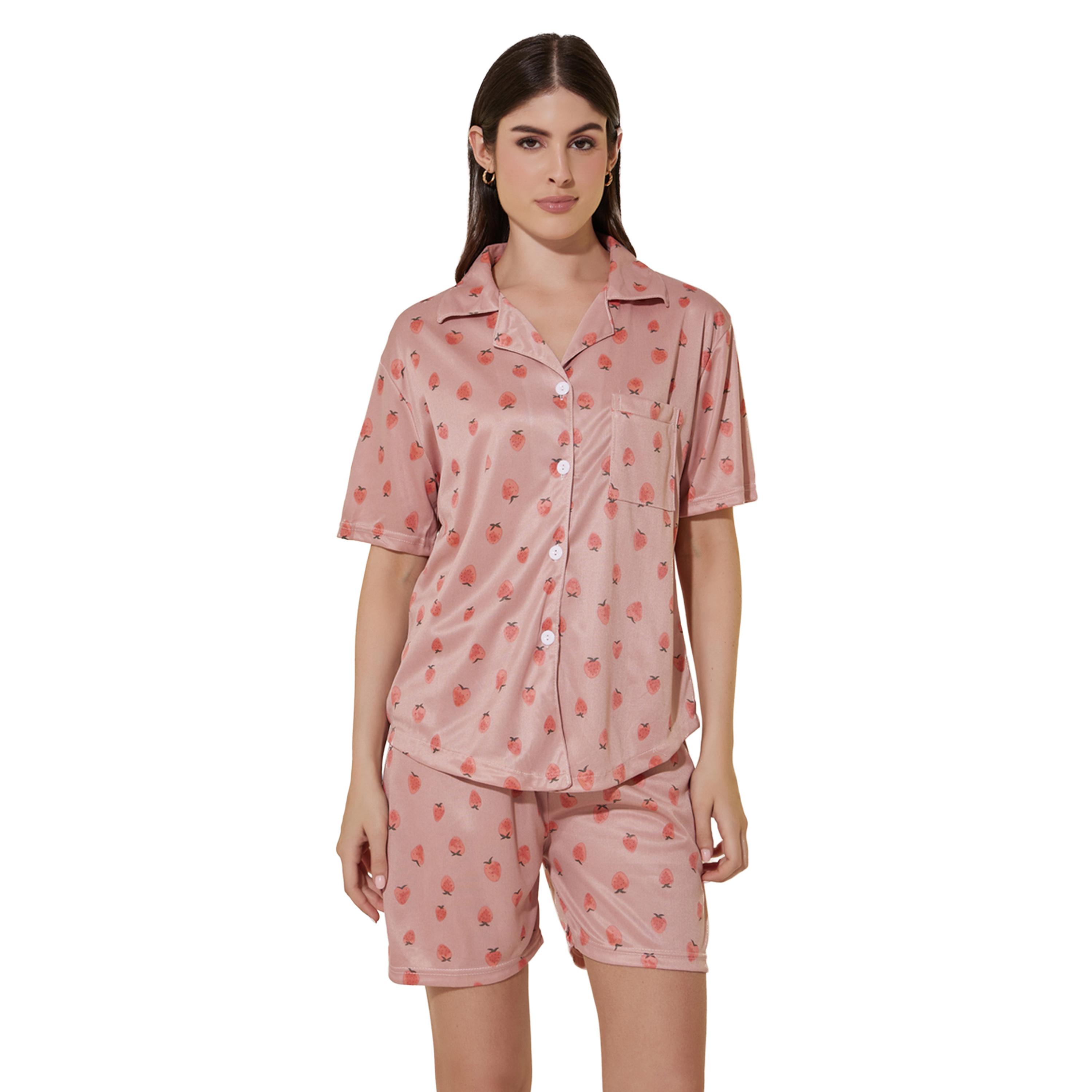 ستايلي -  طقم قميص وشورت بأكمام قصيرة بطبعة الفراولة-women-clothing-nightwear-pyjamas-shortsets-image-2