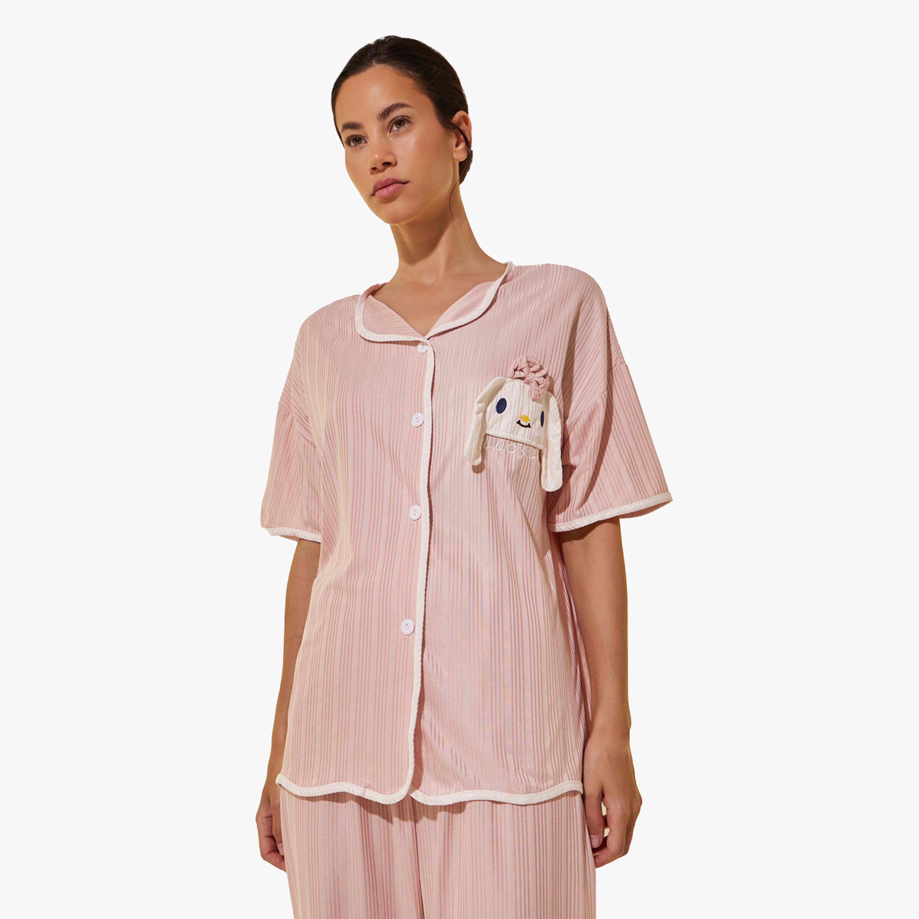 Styli Patch Detail Shirt, Shorts and Pyjama Set-women-clothing-nightwear-pyjamas-longsets-image-2
