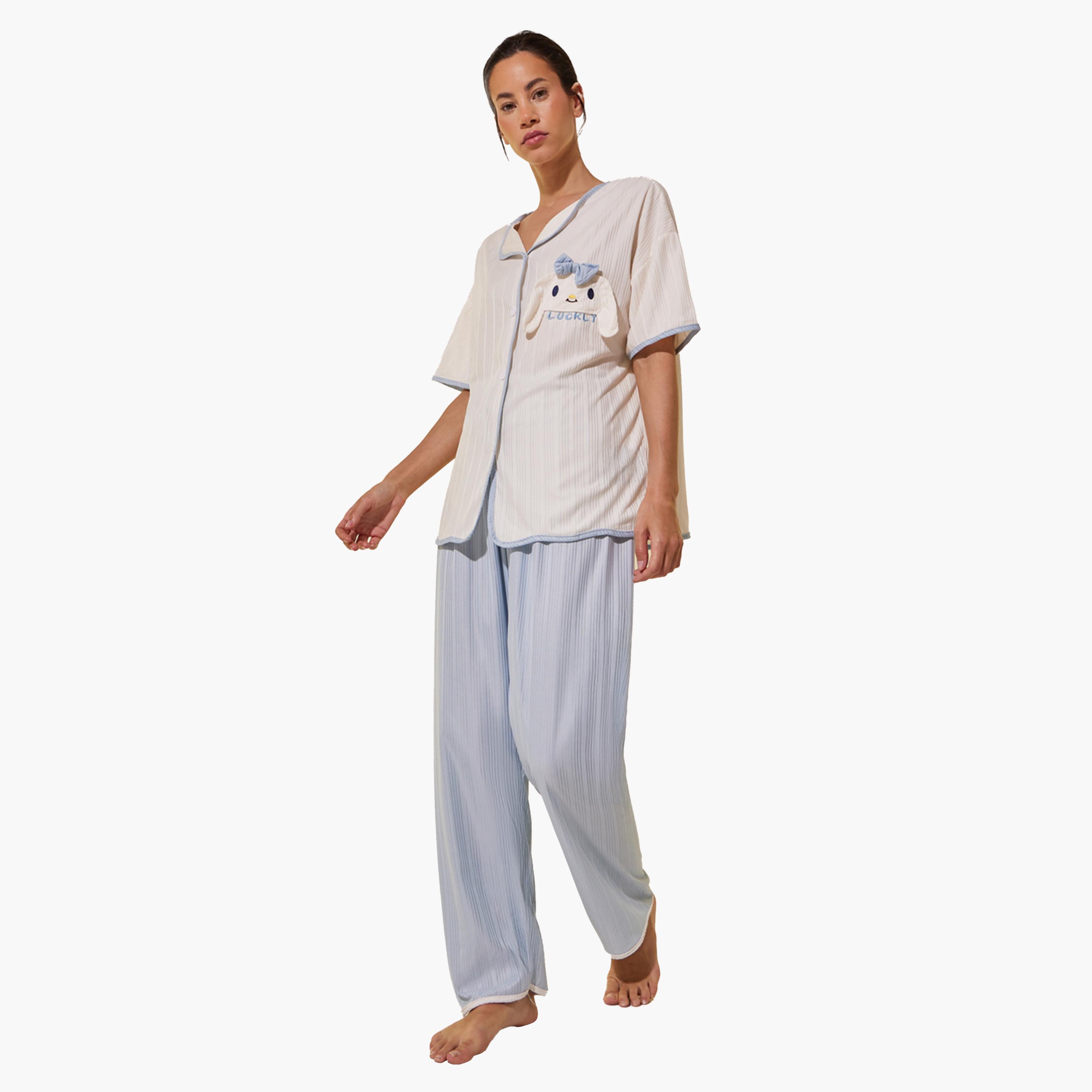 Styli Patch Detail Shirt, Shorts and Pyjama Set-women-clothing-nightwear-pyjamas-longsets-image-1