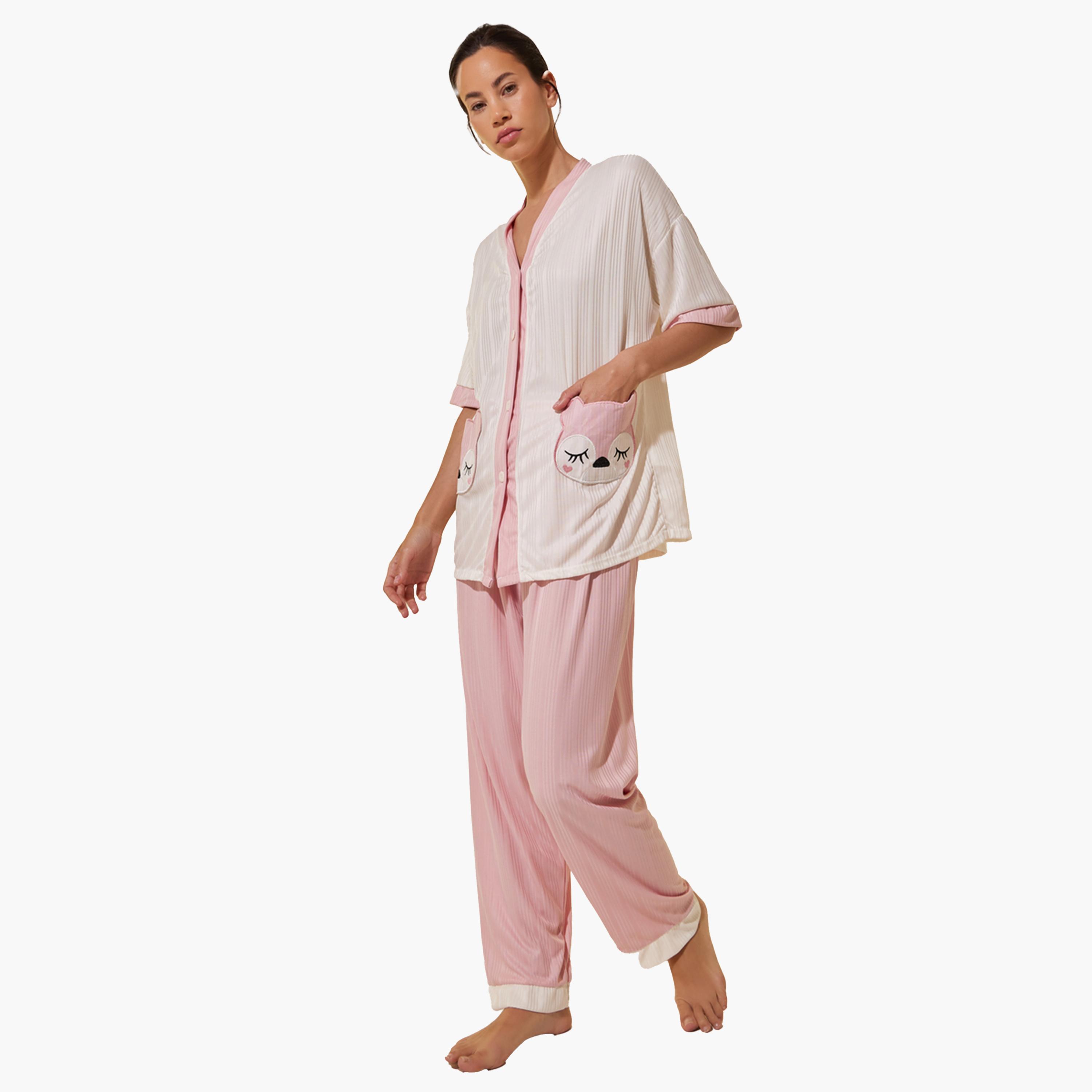 ستايلي-  بيجاما قميص وشورت بتفاصيل جيوب ثعلب-women-clothing-nightwear-pyjamas-longsets-image-1