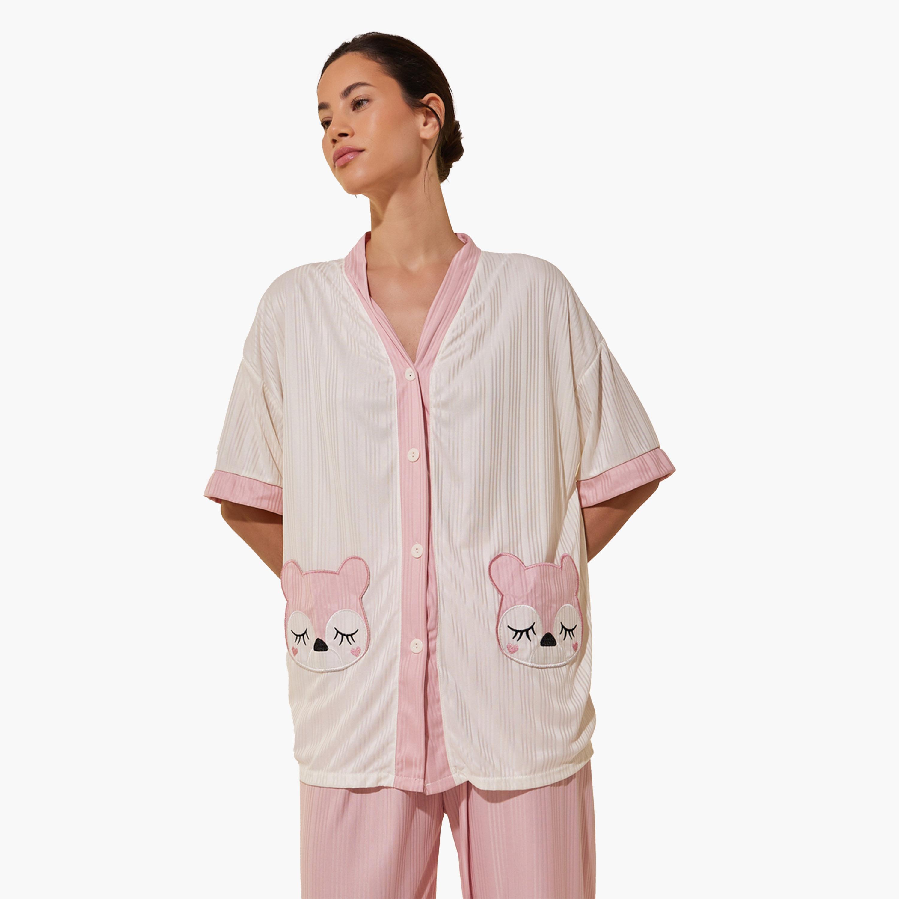 Styli Fox Patch Pocket Detail Shirt, Shorts and Pyjama Set-women-clothing-nightwear-pyjamas-longsets-image-2