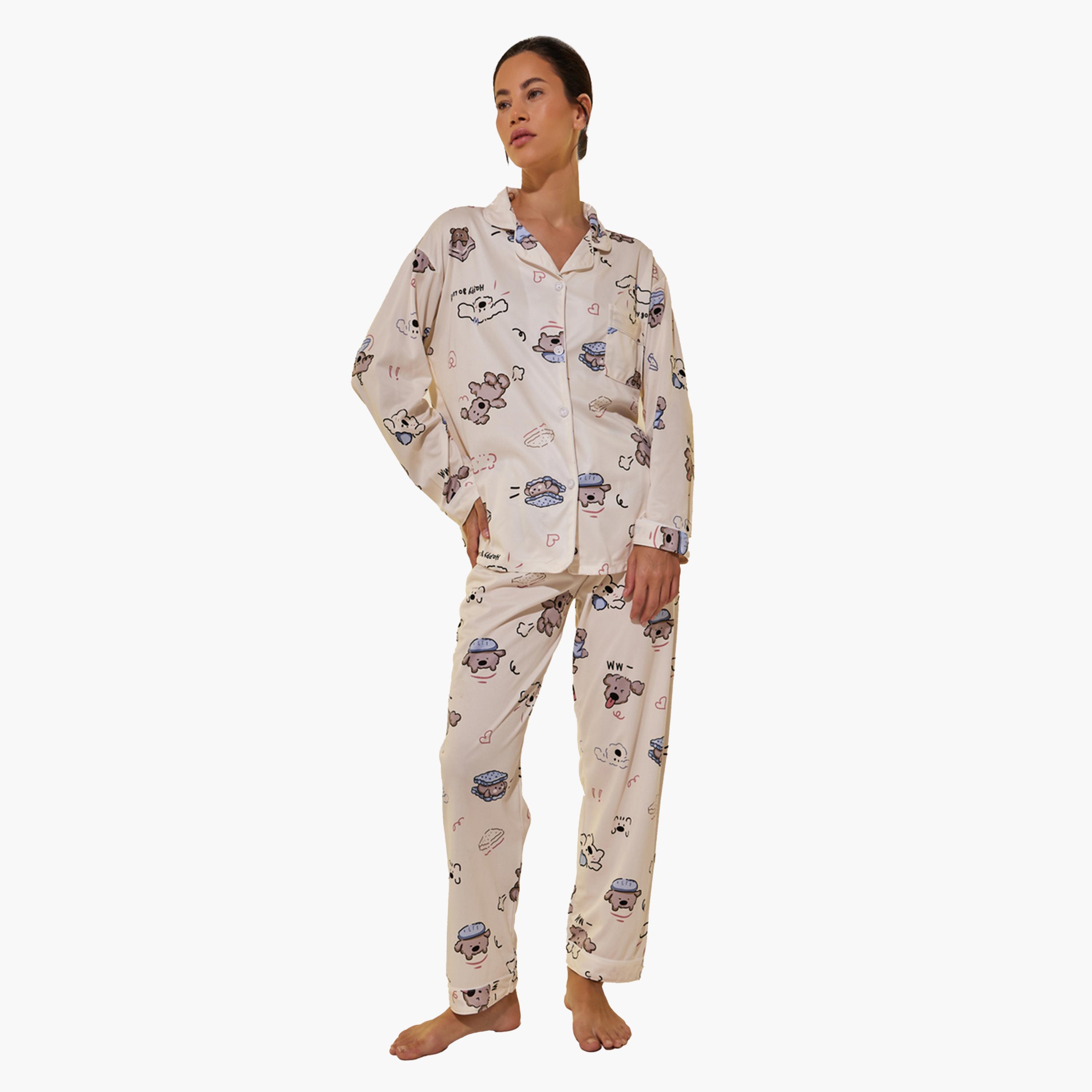 ستايلي - طقم قميص بأكمام طويلة وبنطال بيجامة مطبوع-women-clothing-nightwear-pyjamas-longsets-image-1
