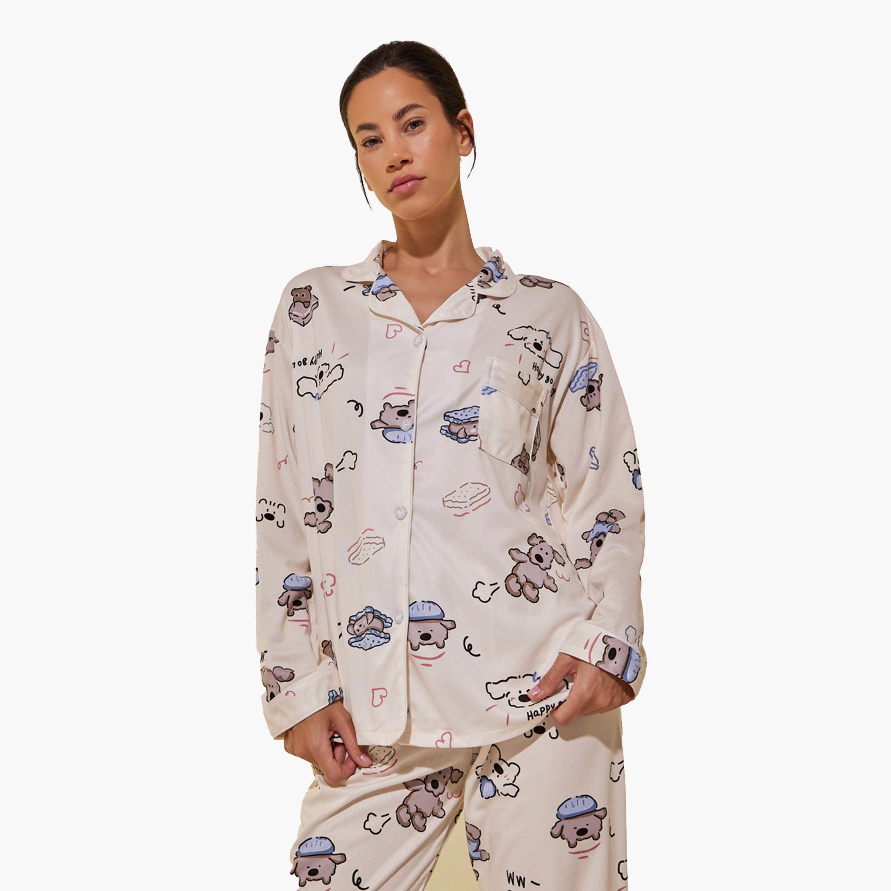 Styli Peppy Print Long Sleeve Shirt and Pyjama Set-women-clothing-nightwear-pyjamas-longsets-image-2