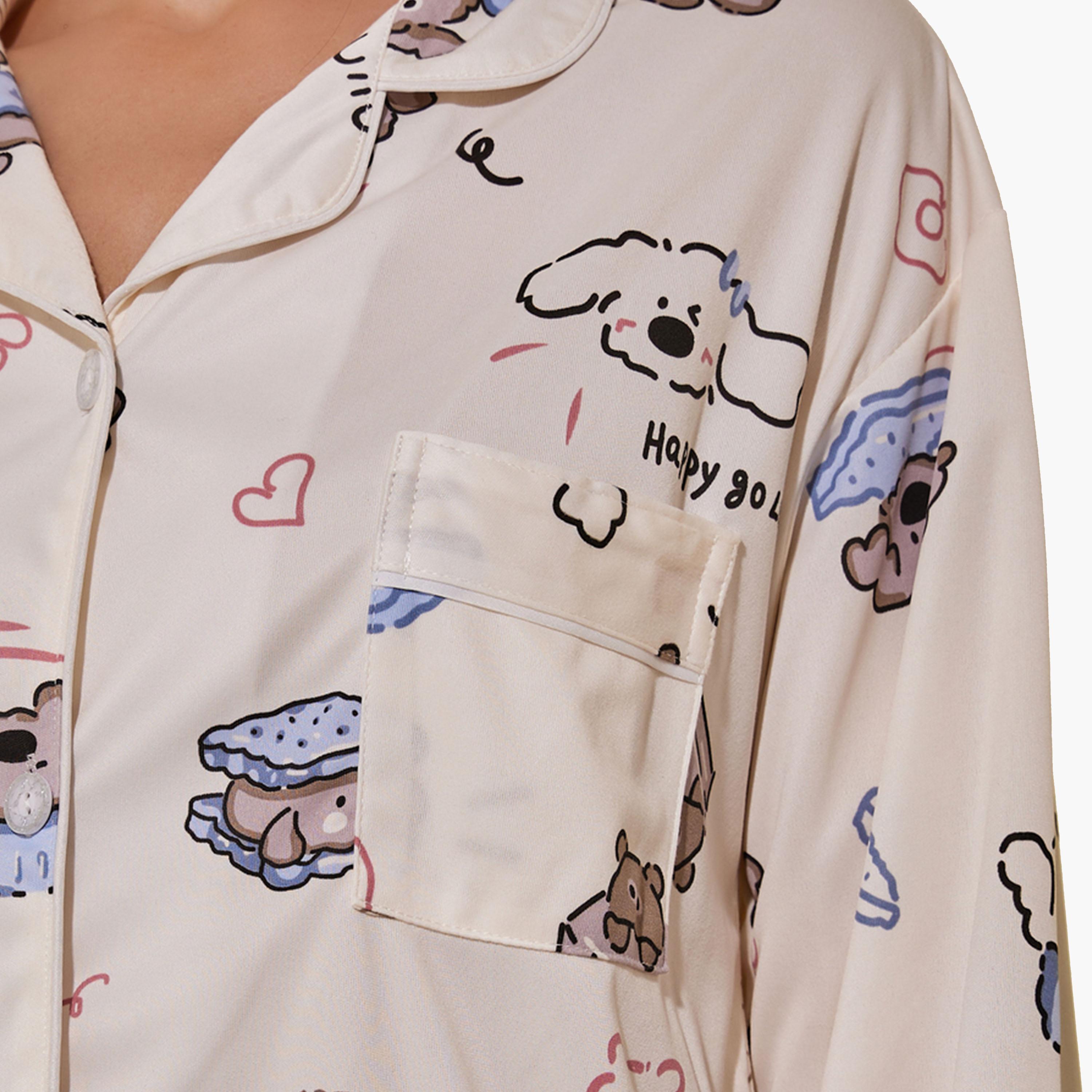 ستايلي - طقم قميص بأكمام طويلة وبنطال بيجامة مطبوع-women-clothing-nightwear-pyjamas-longsets-image-3