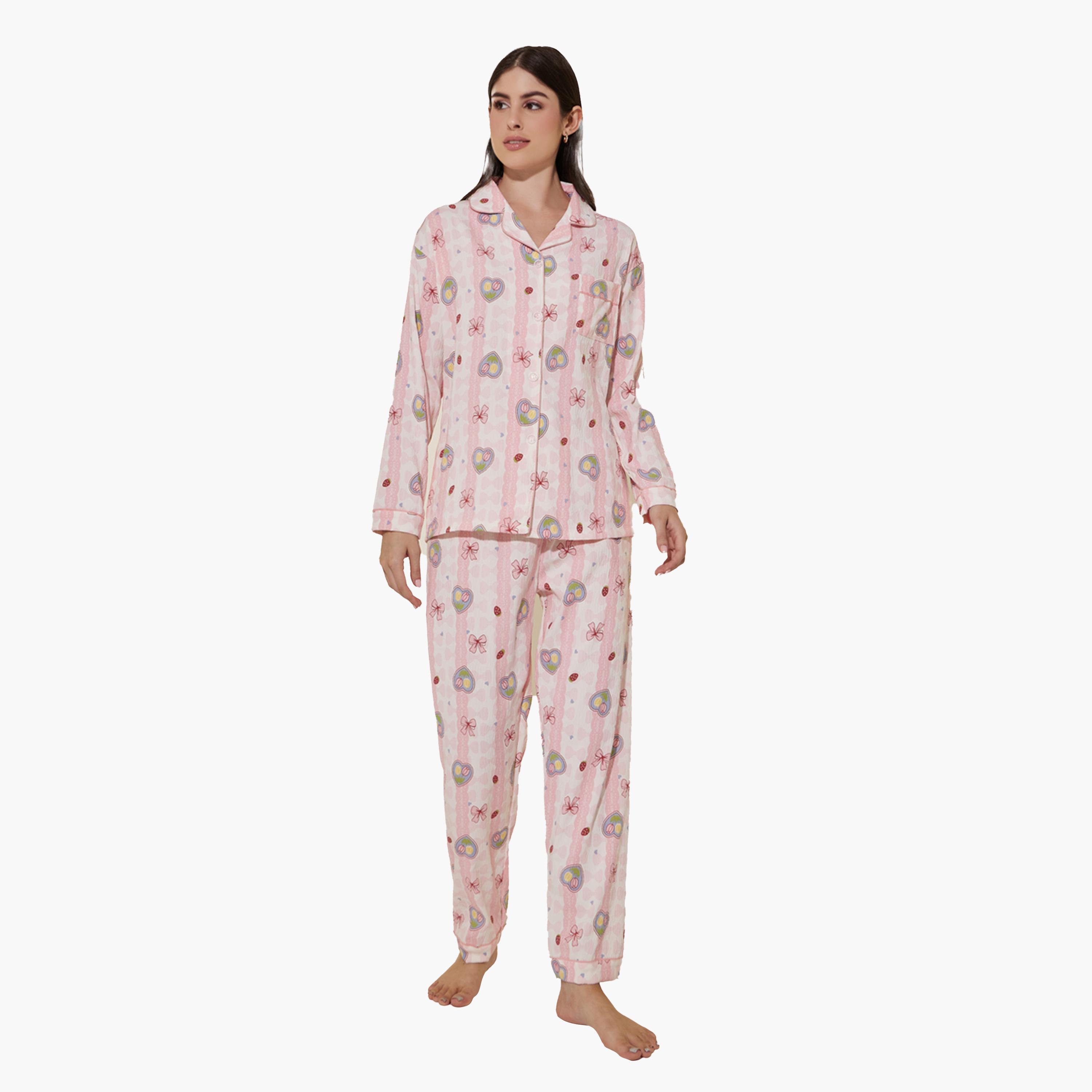 ستايلي-  بيجاما وتوب بأكمام طويلة مطبوع بالكامل-women-clothing-nightwear-pyjamas-longsets-image-1