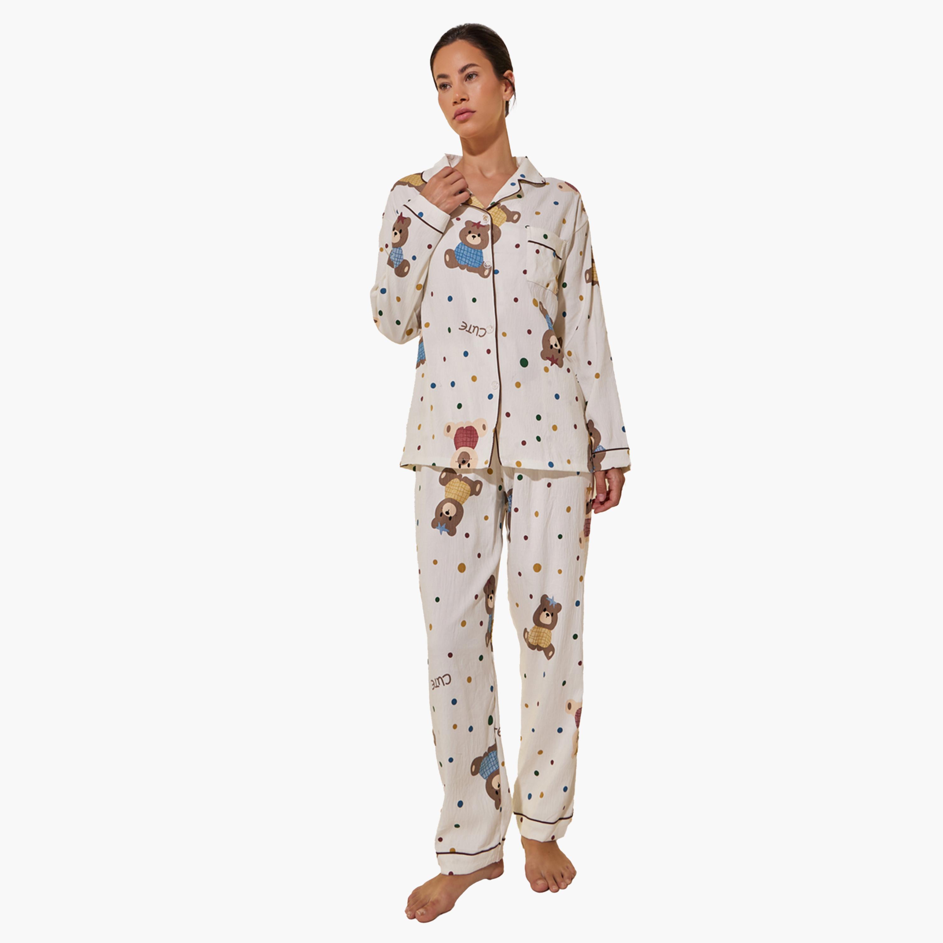 Styli Bear Print Long Sleeve Shirt and Pyjama Set-women-clothing-nightwear-pyjamas-longsets-image-1