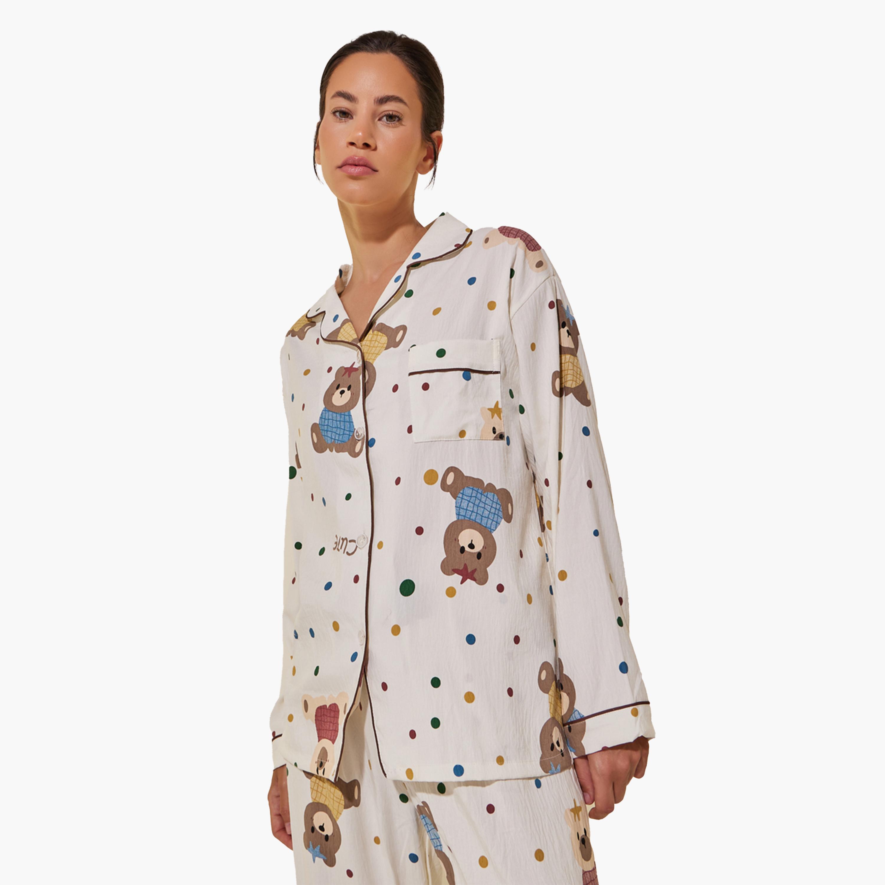 Styli Bear Print Long Sleeve Shirt and Pyjama Set-women-clothing-nightwear-pyjamas-longsets-image-2