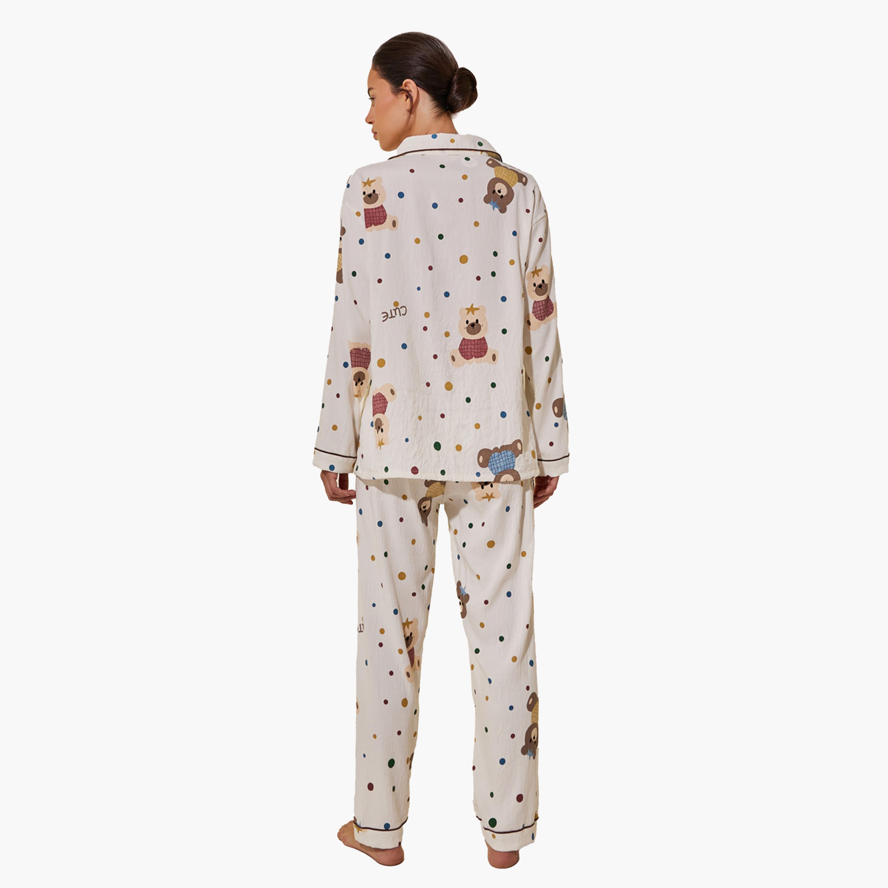 Styli Bear Print Long Sleeve Shirt and Pyjama Set-women-clothing-nightwear-pyjamas-longsets-image-5
