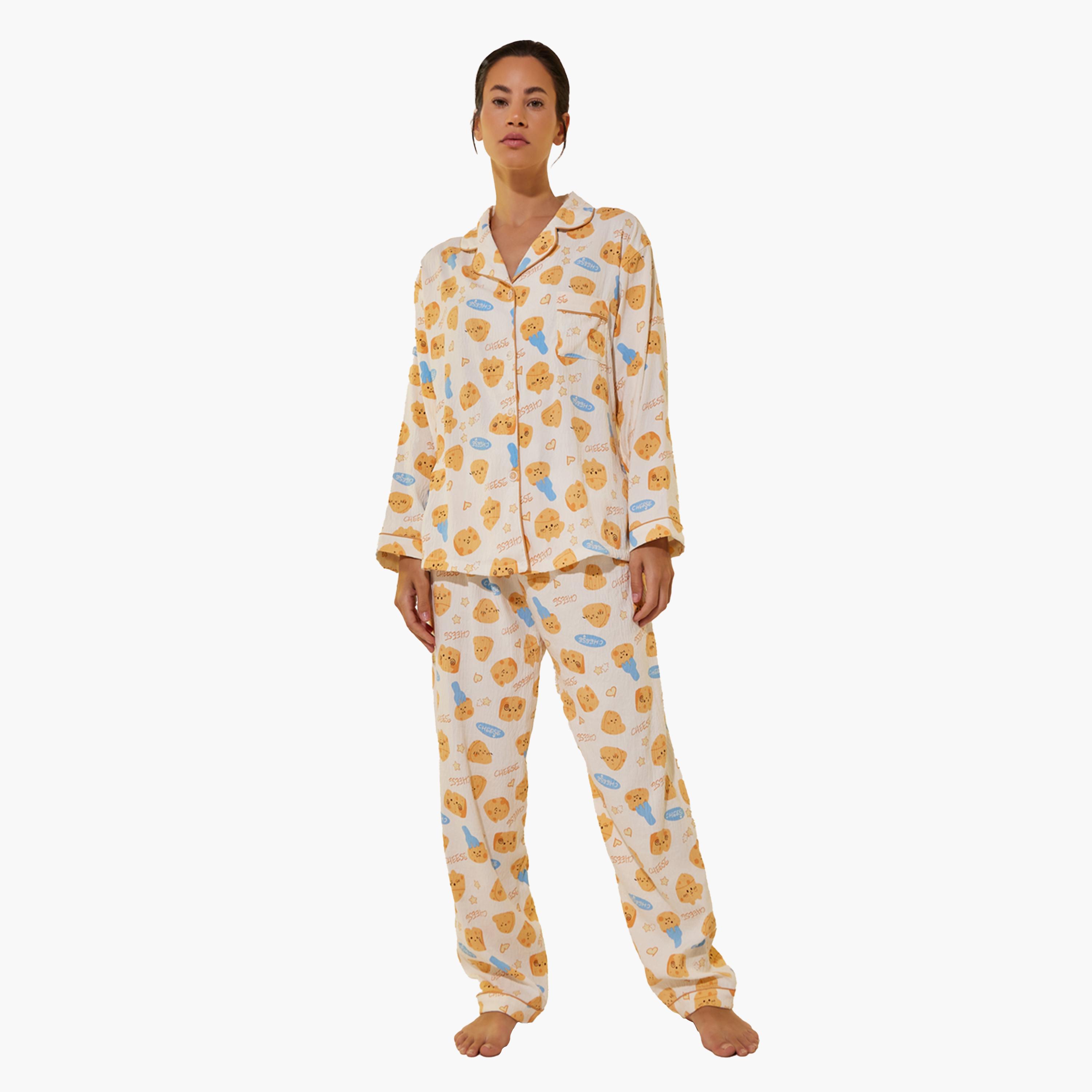 ستايلي-  بيجاما وتوب بأكمام طويلة مطبوع بالكامل-women-clothing-nightwear-pyjamas-longsets-image-1