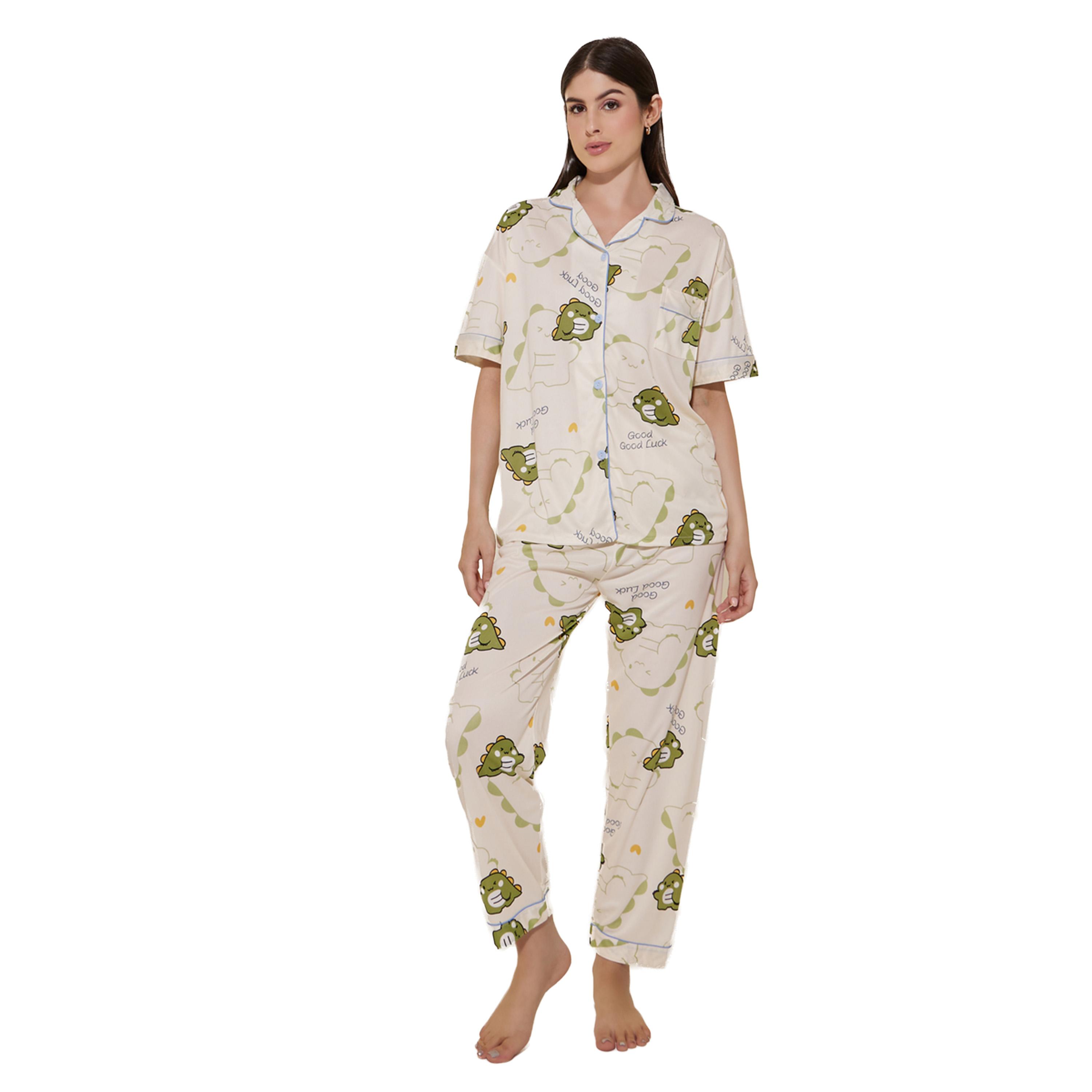 ستايلي - طقم قميص وشورت وبيجامة بطبعة ديناصور-women-clothing-nightwear-pyjamas-longsets-image-1