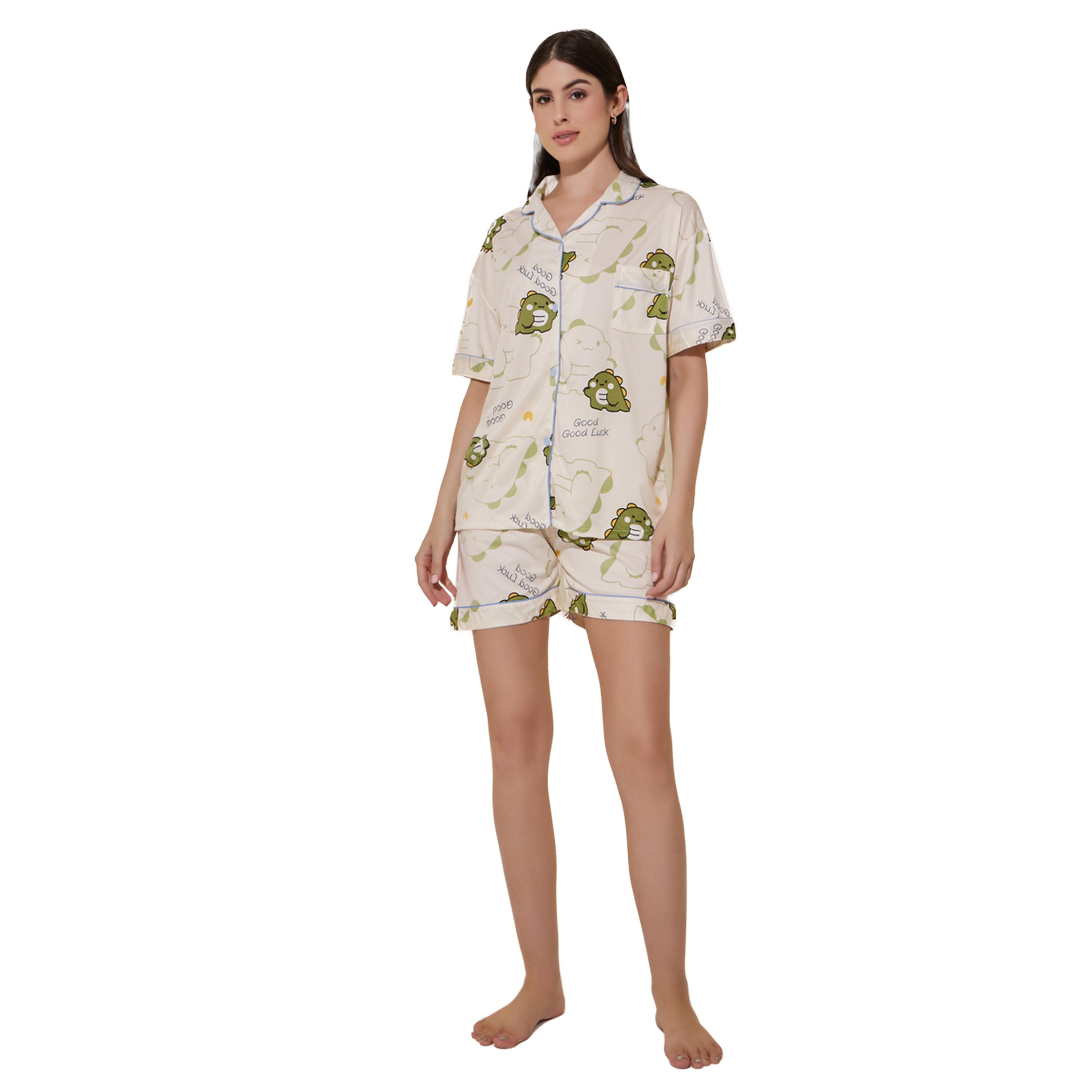 ستايلي - طقم قميص وشورت وبيجامة بطبعة ديناصور-women-clothing-nightwear-pyjamas-longsets-image-2