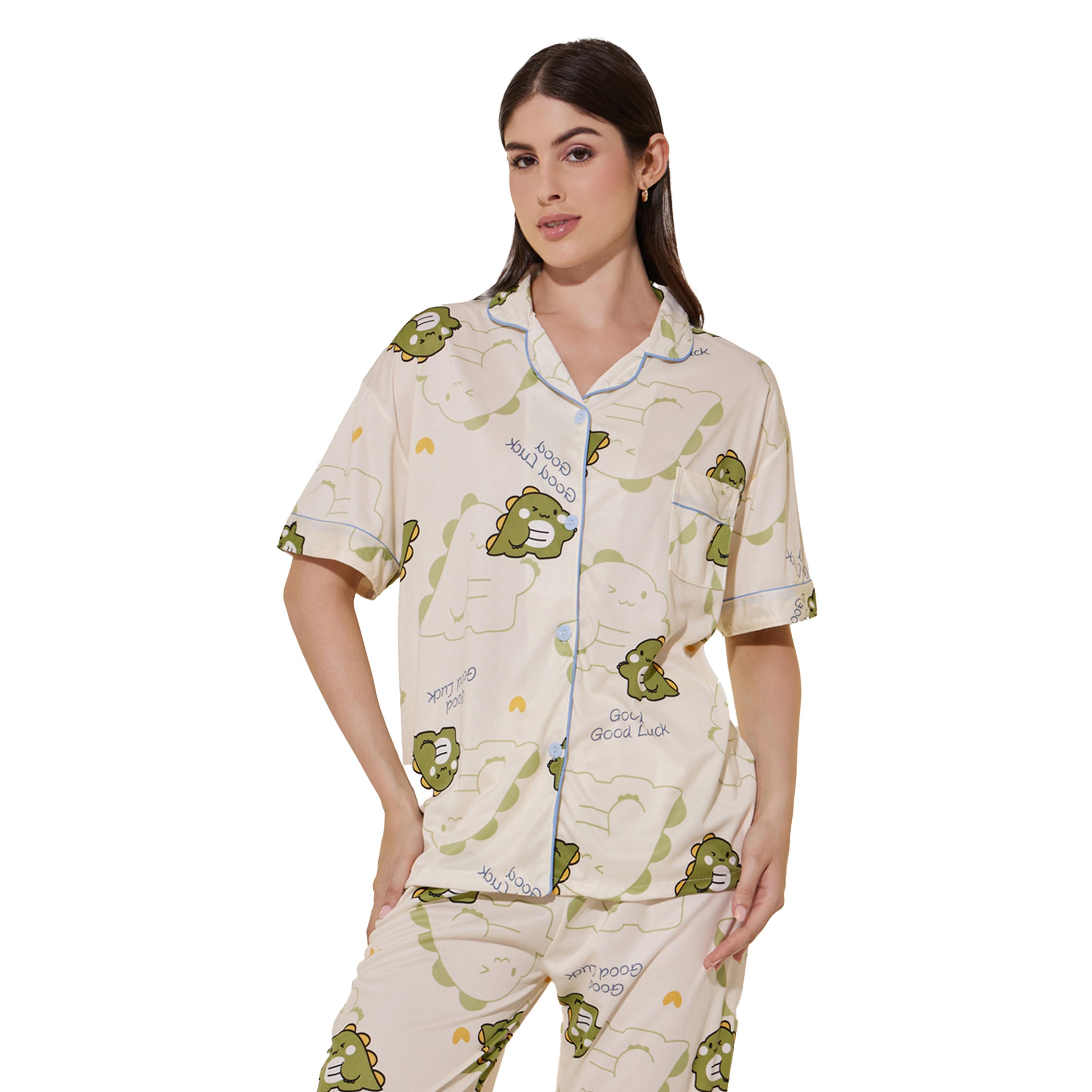 ستايلي - طقم قميص وشورت وبيجامة بطبعة ديناصور-women-clothing-nightwear-pyjamas-longsets-image-3