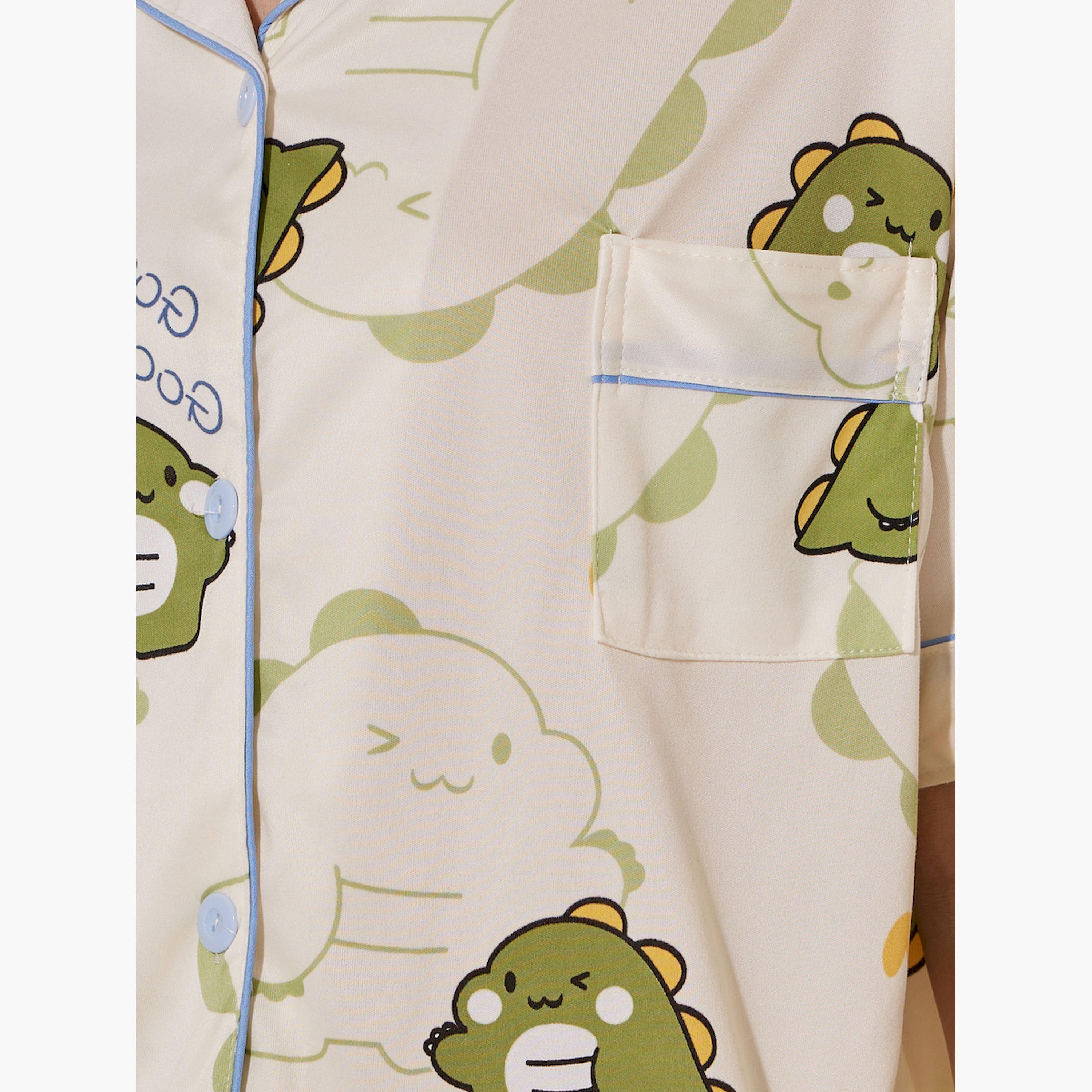 ستايلي - طقم قميص وشورت وبيجامة بطبعة ديناصور-women-clothing-nightwear-pyjamas-longsets-image-4
