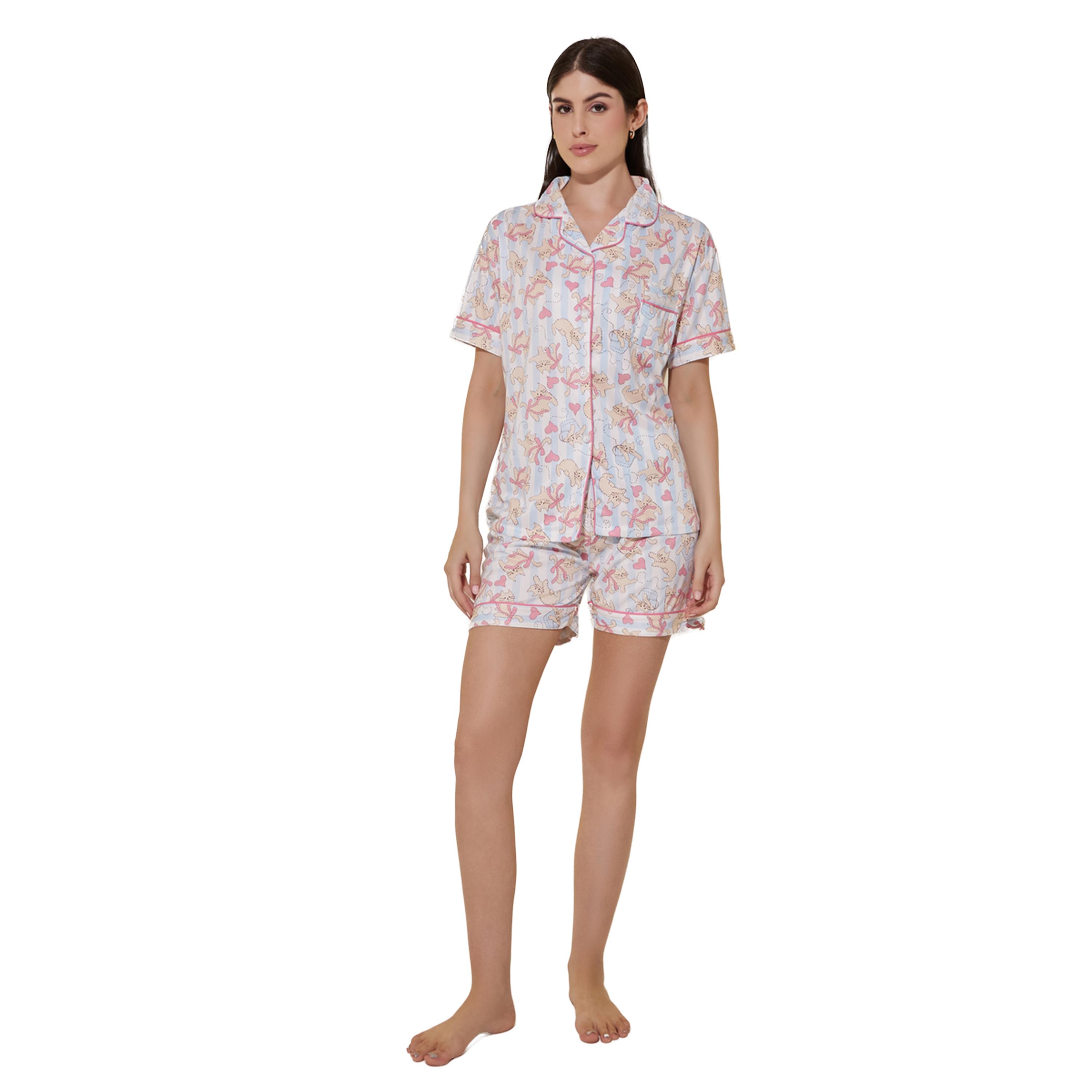 ستايلي - طقم بنطال بيجامة مع قميص وشورت بأكمام قصيرة بطبعة قطة-women-clothing-nightwear-pyjamas-longsets-image-2