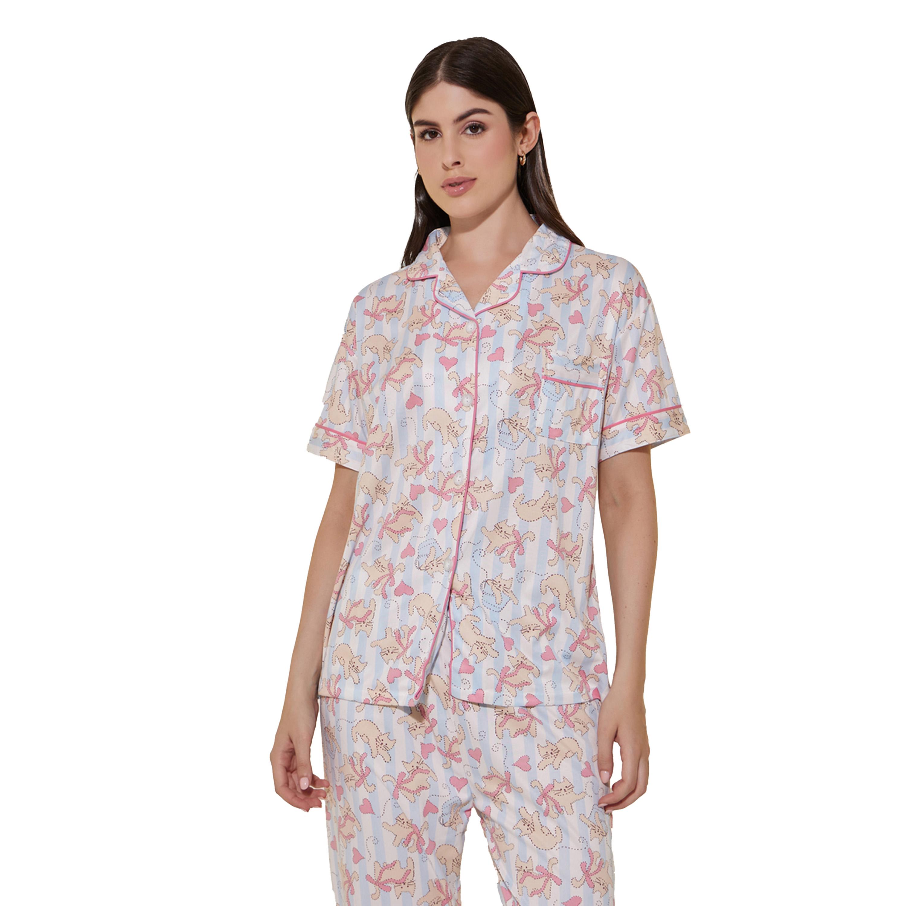 ستايلي - طقم بنطال بيجامة مع قميص وشورت بأكمام قصيرة بطبعة قطة-women-clothing-nightwear-pyjamas-longsets-image-3