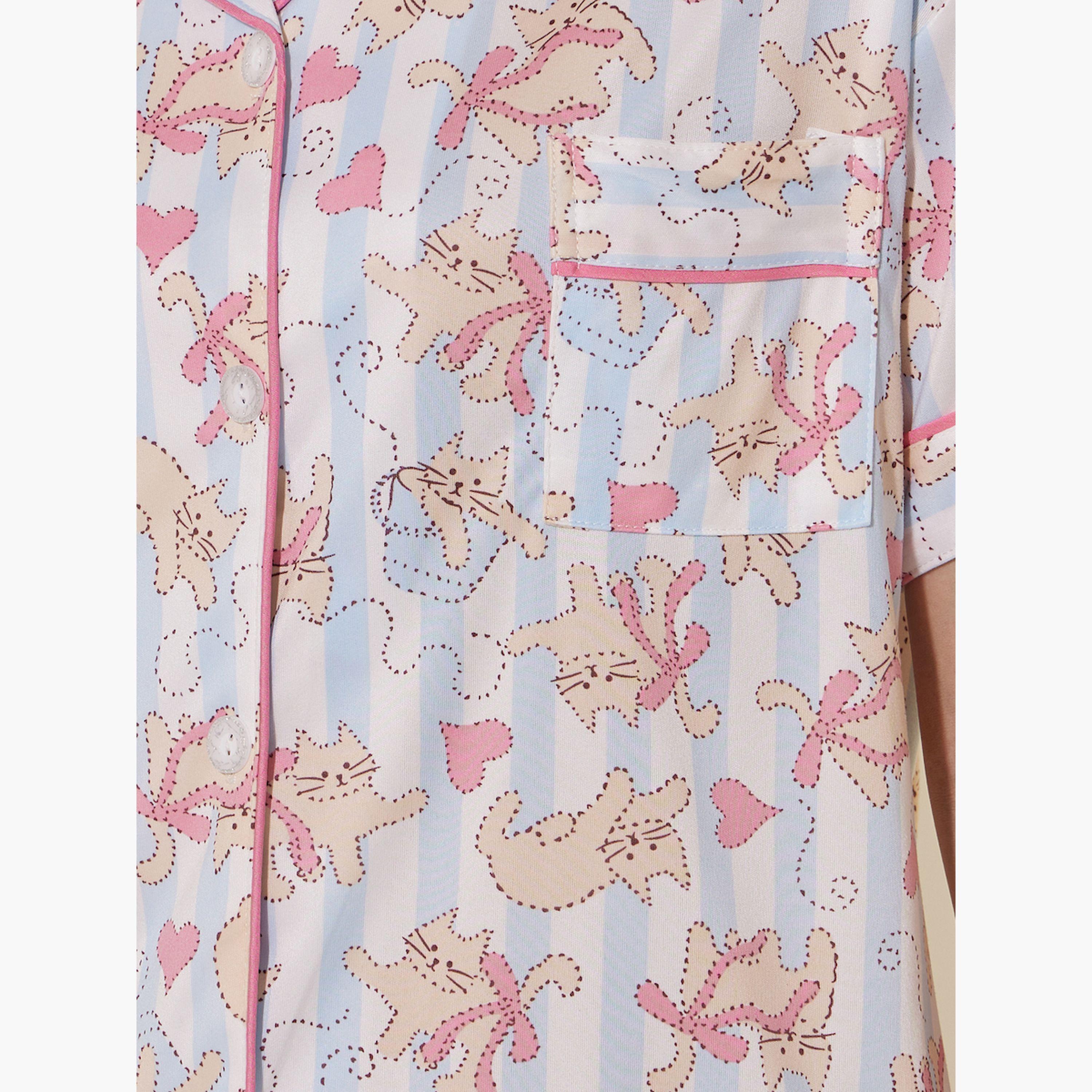 ستايلي - طقم بنطال بيجامة مع قميص وشورت بأكمام قصيرة بطبعة قطة-women-clothing-nightwear-pyjamas-longsets-image-4