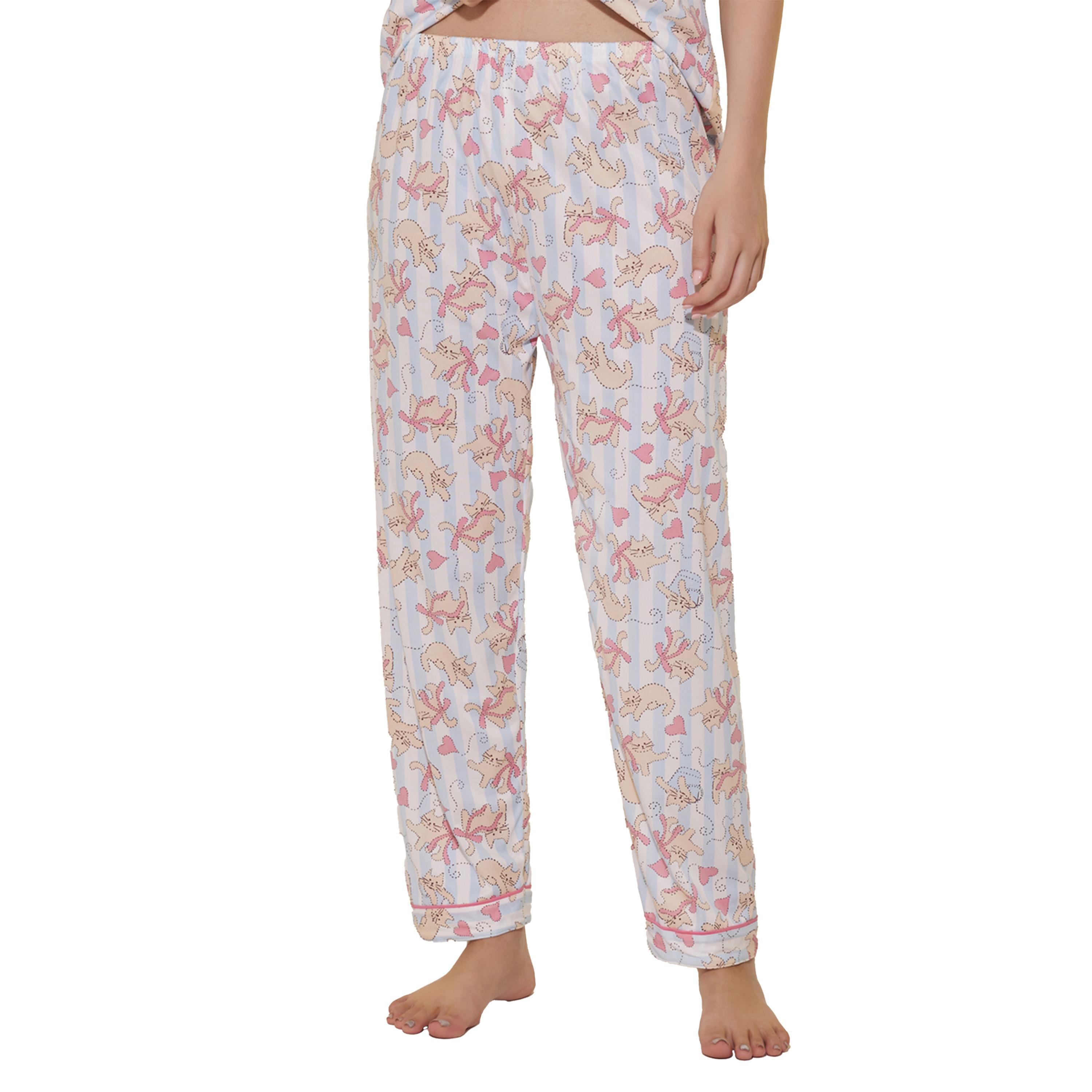 ستايلي - طقم بنطال بيجامة مع قميص وشورت بأكمام قصيرة بطبعة قطة-women-clothing-nightwear-pyjamas-longsets-image-6