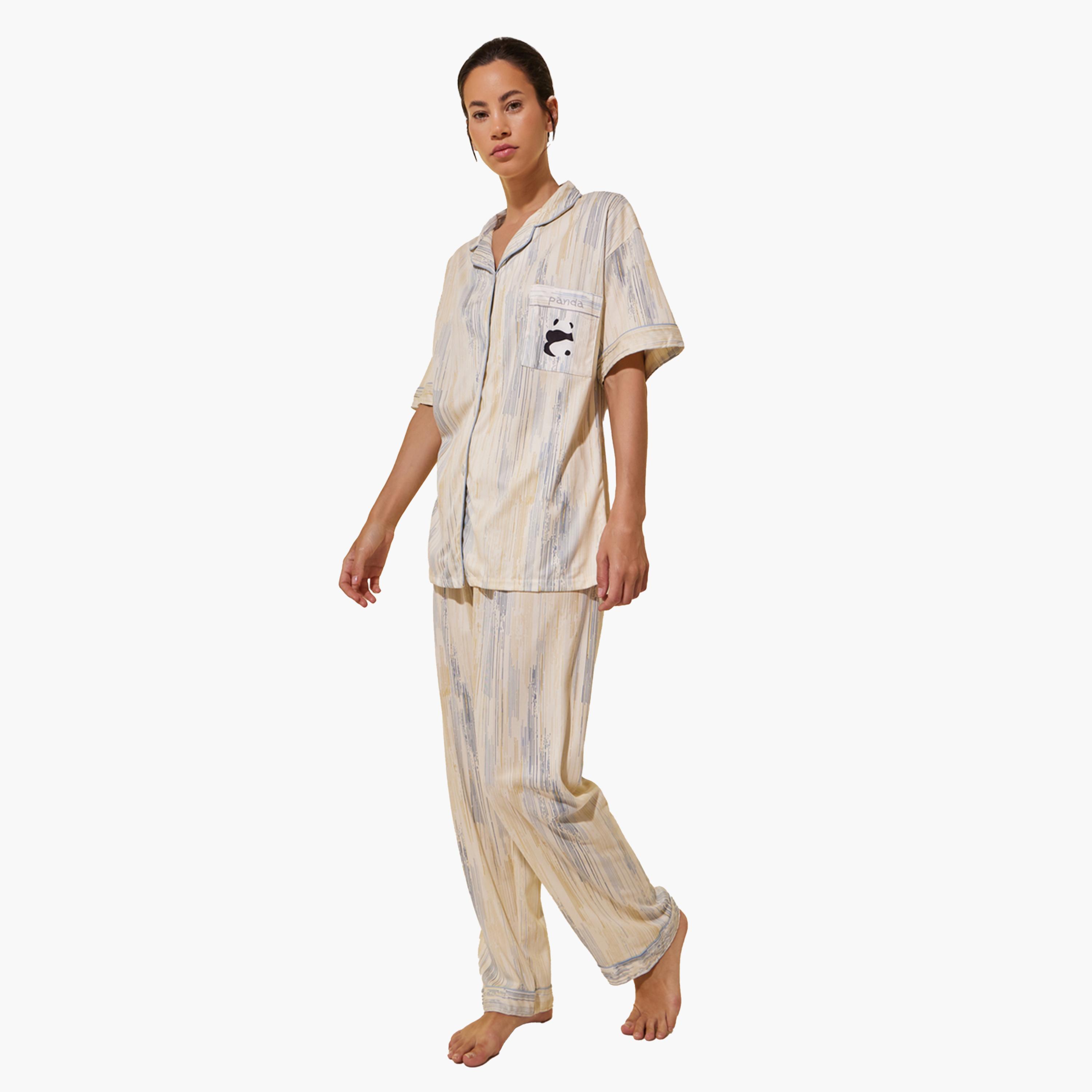 Styli Panda Print Pocket Shirt, Shorts and Pyjama Set-women-clothing-nightwear-pyjamas-longsets-image-1