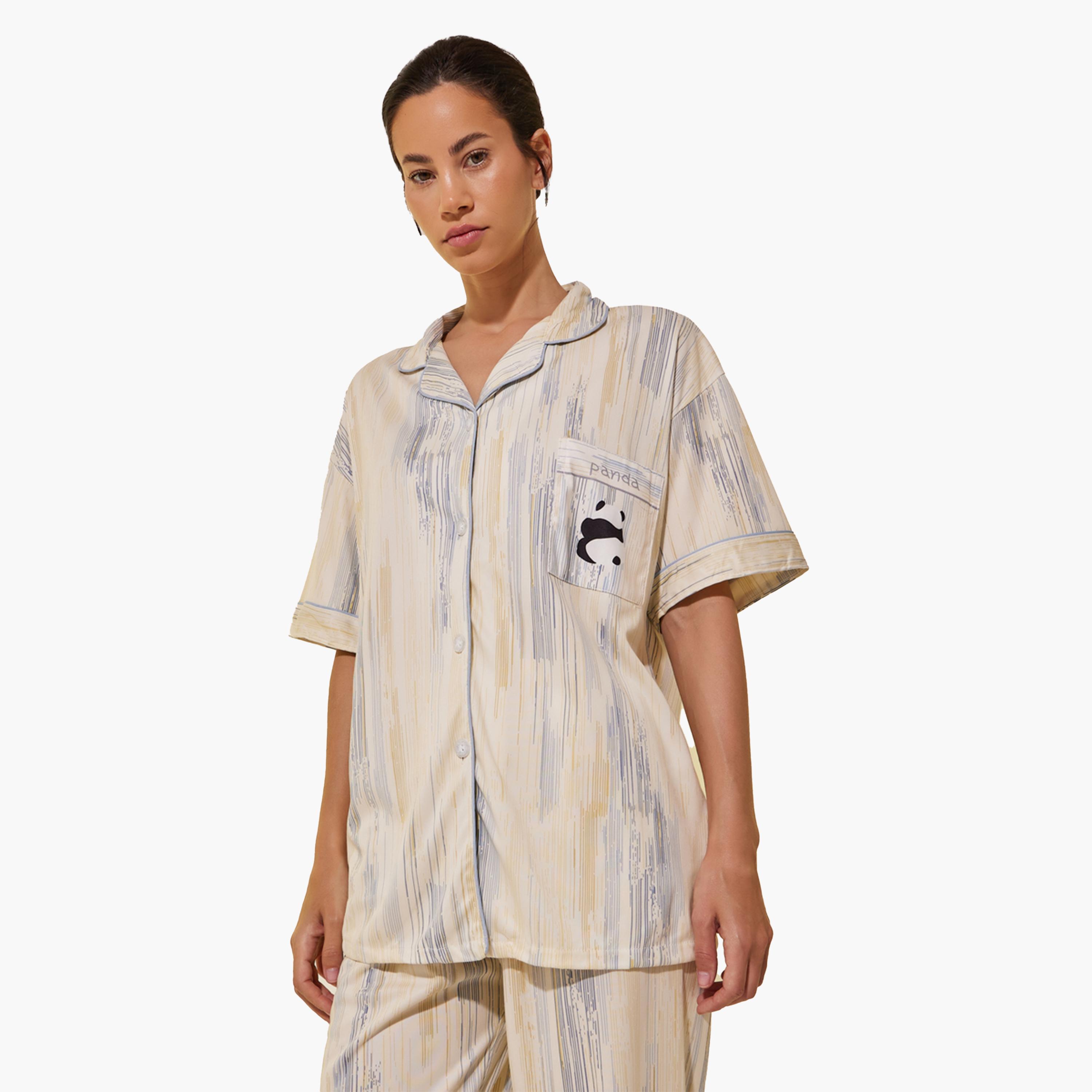 Styli Panda Print Pocket Shirt, Shorts and Pyjama Set-women-clothing-nightwear-pyjamas-longsets-image-2