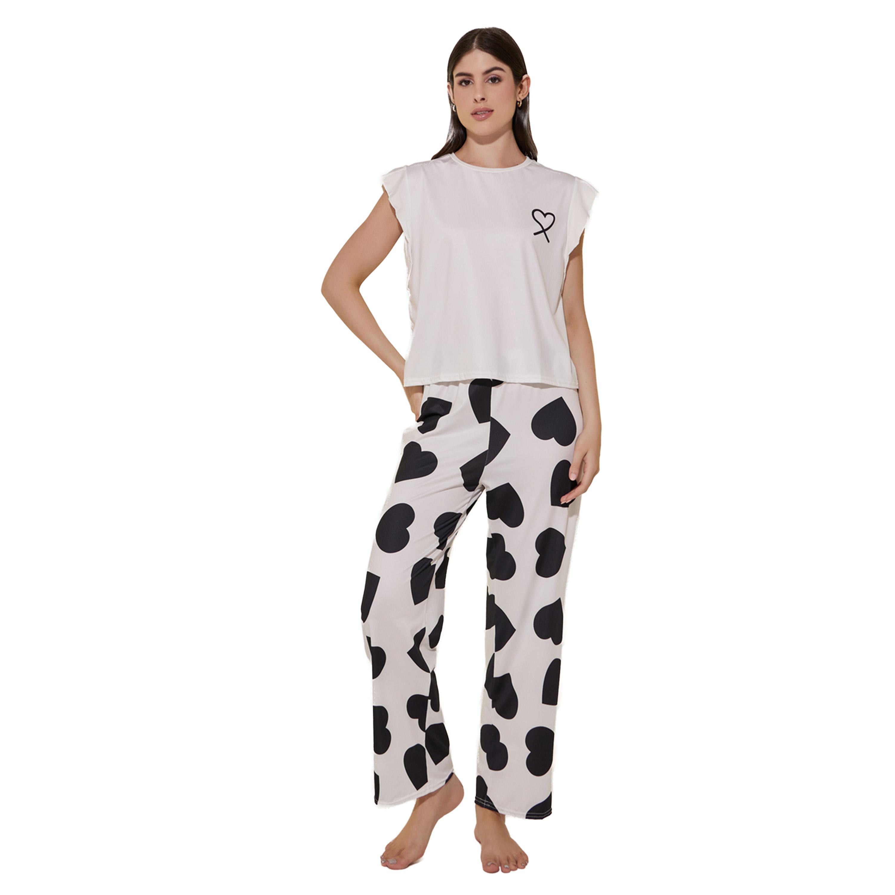 ستايلي - طقم بنطال بيجامة مع قميص بأكمام مكشكشة بطبعة قلب-women-clothing-nightwear-pyjamas-longsets-image-1