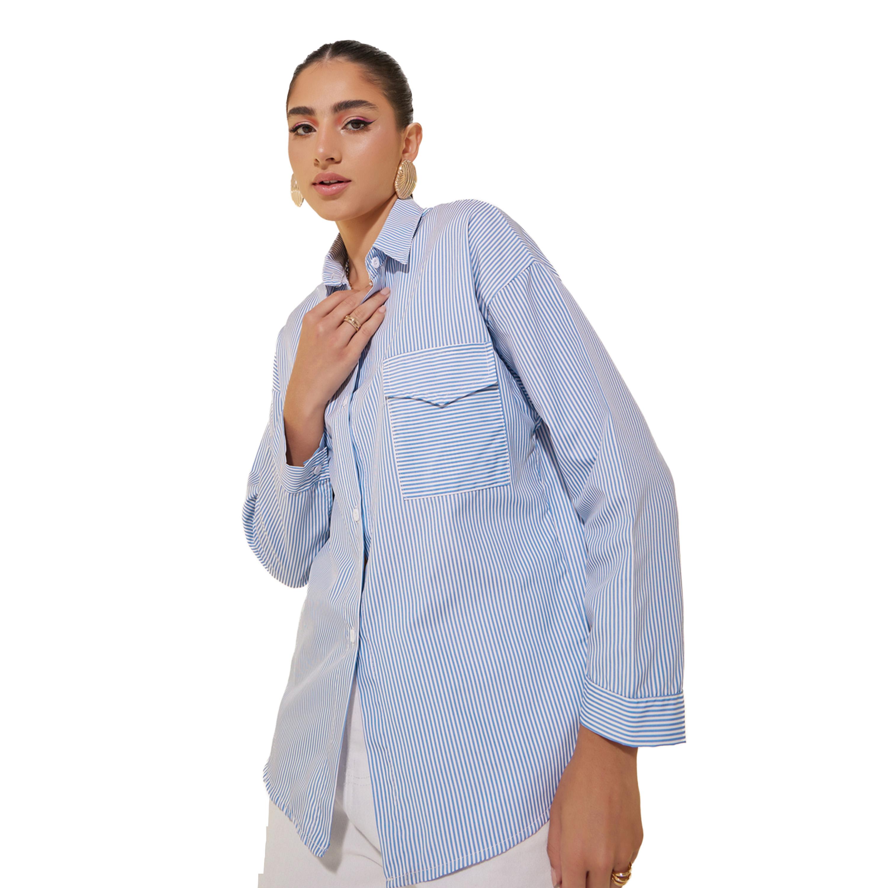 ستايلي -   قميص مخطط بجيوب وقصة مريحة-women-clothing-shirtsandblouses-shirts-image-1