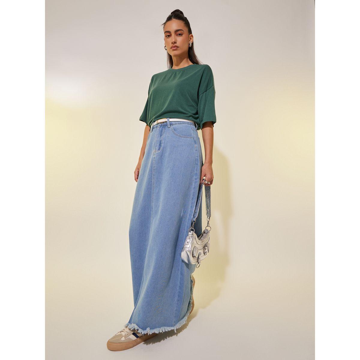 Styli Solid Denim A-Line Maxi Skirt with Belt Loops-women-clothing-bottoms-skirts-image-1