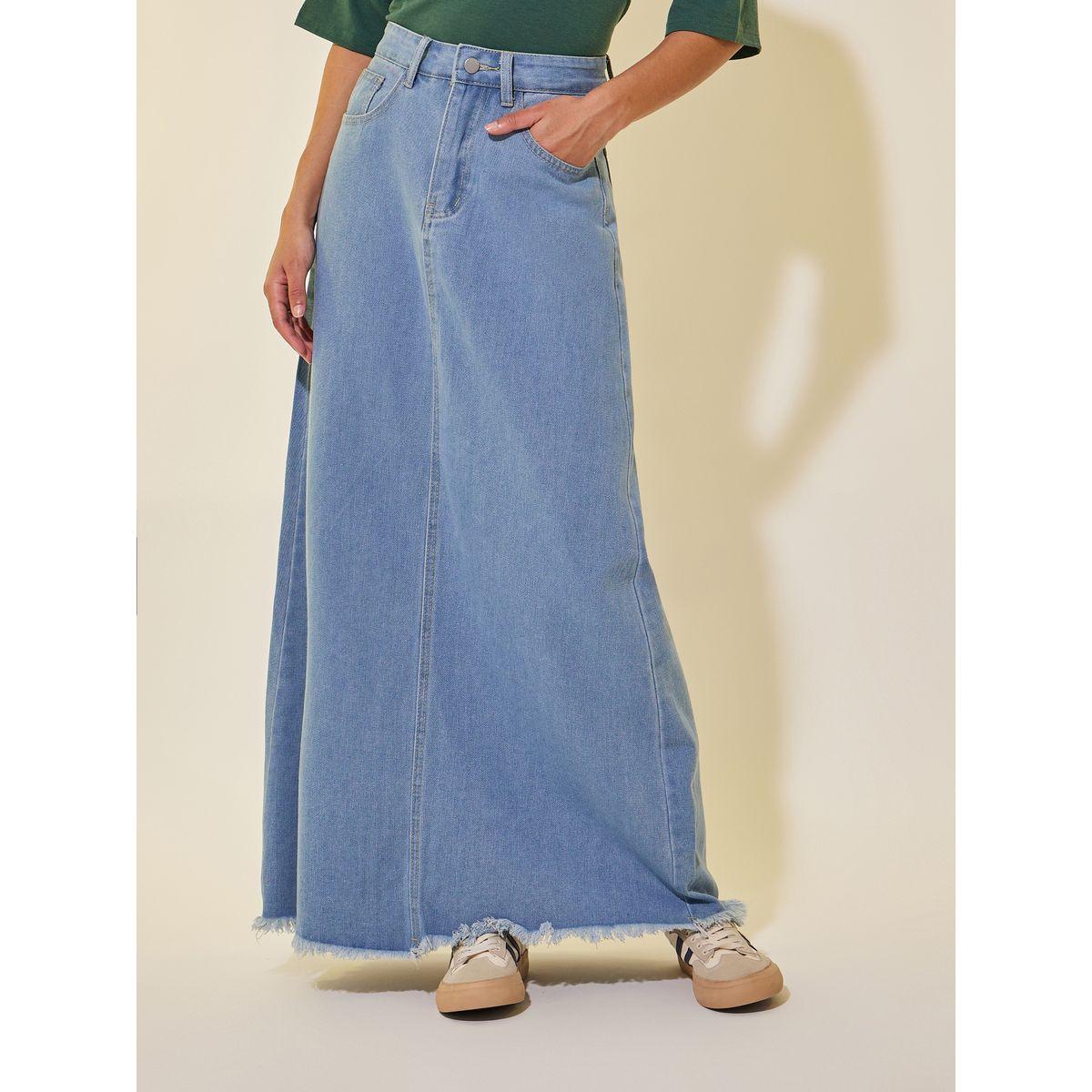 Styli Solid Denim A-Line Maxi Skirt with Belt Loops-women-clothing-bottoms-skirts-image-2