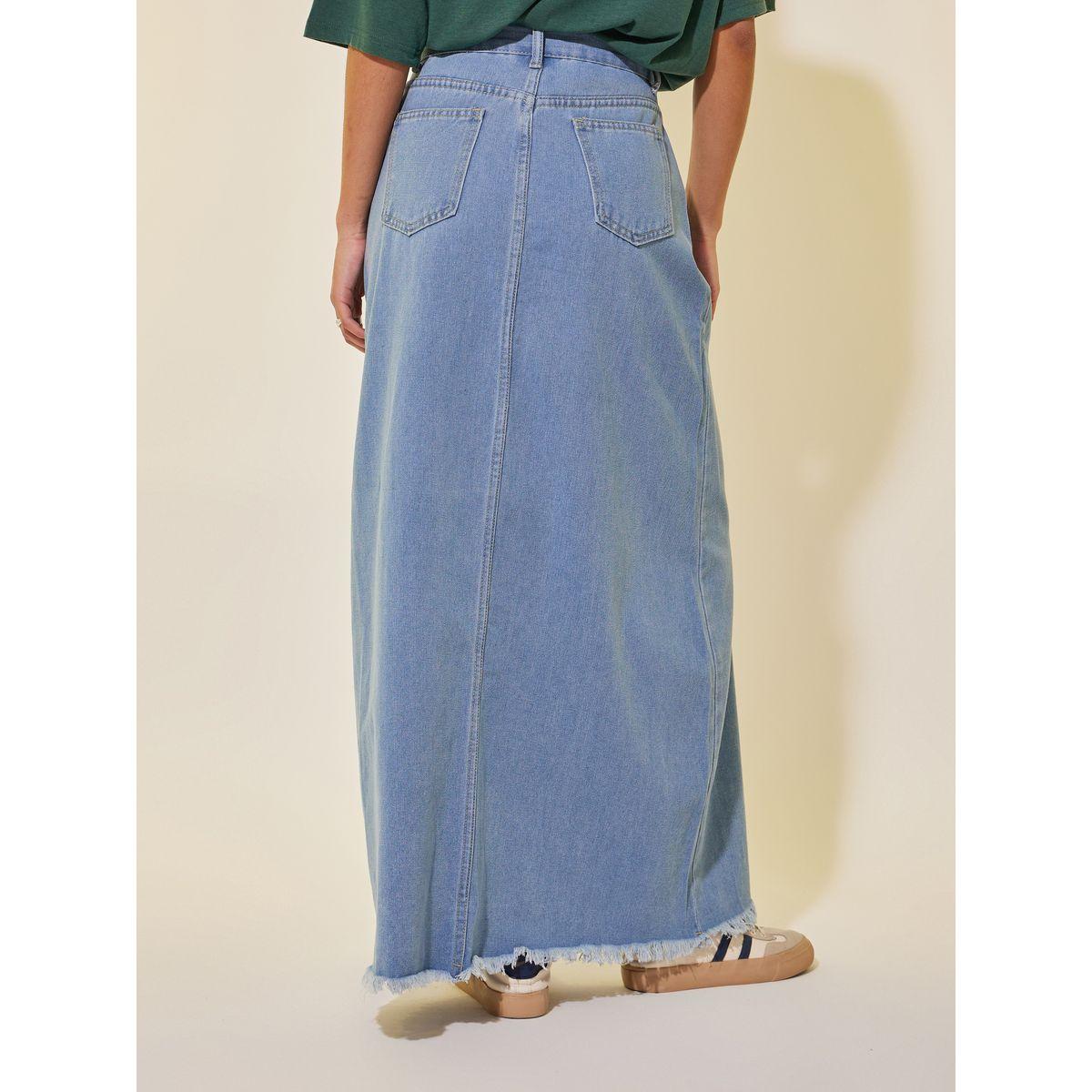 Styli Solid Denim A-Line Maxi Skirt with Belt Loops-women-clothing-bottoms-skirts-image-4