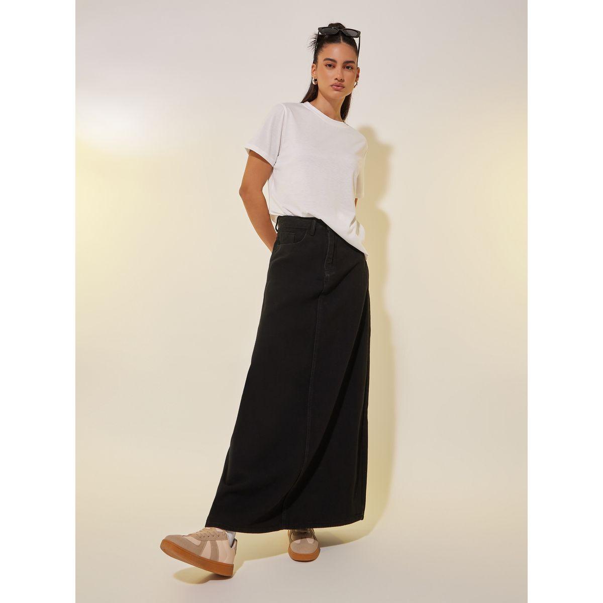 Styli Solid Denim A-Line Maxi Skirt with Belt Loops-women-clothing-bottoms-skirts-image-1