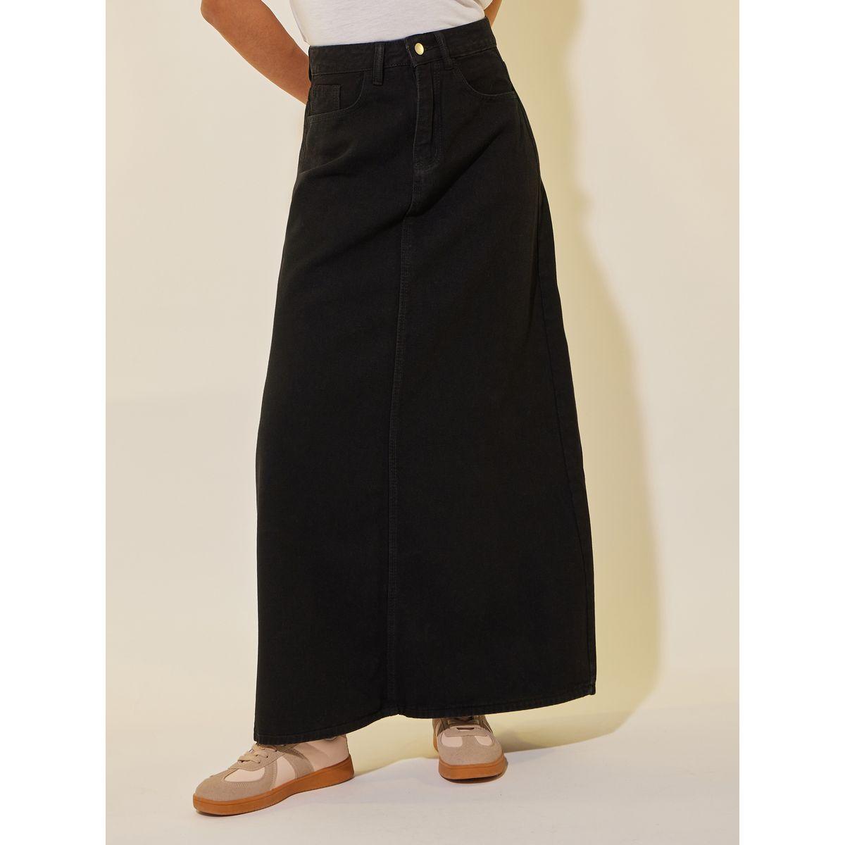 تنورة طويلة دنيم سادة بفتحات حزام-women-clothing-bottoms-skirts-image-2
