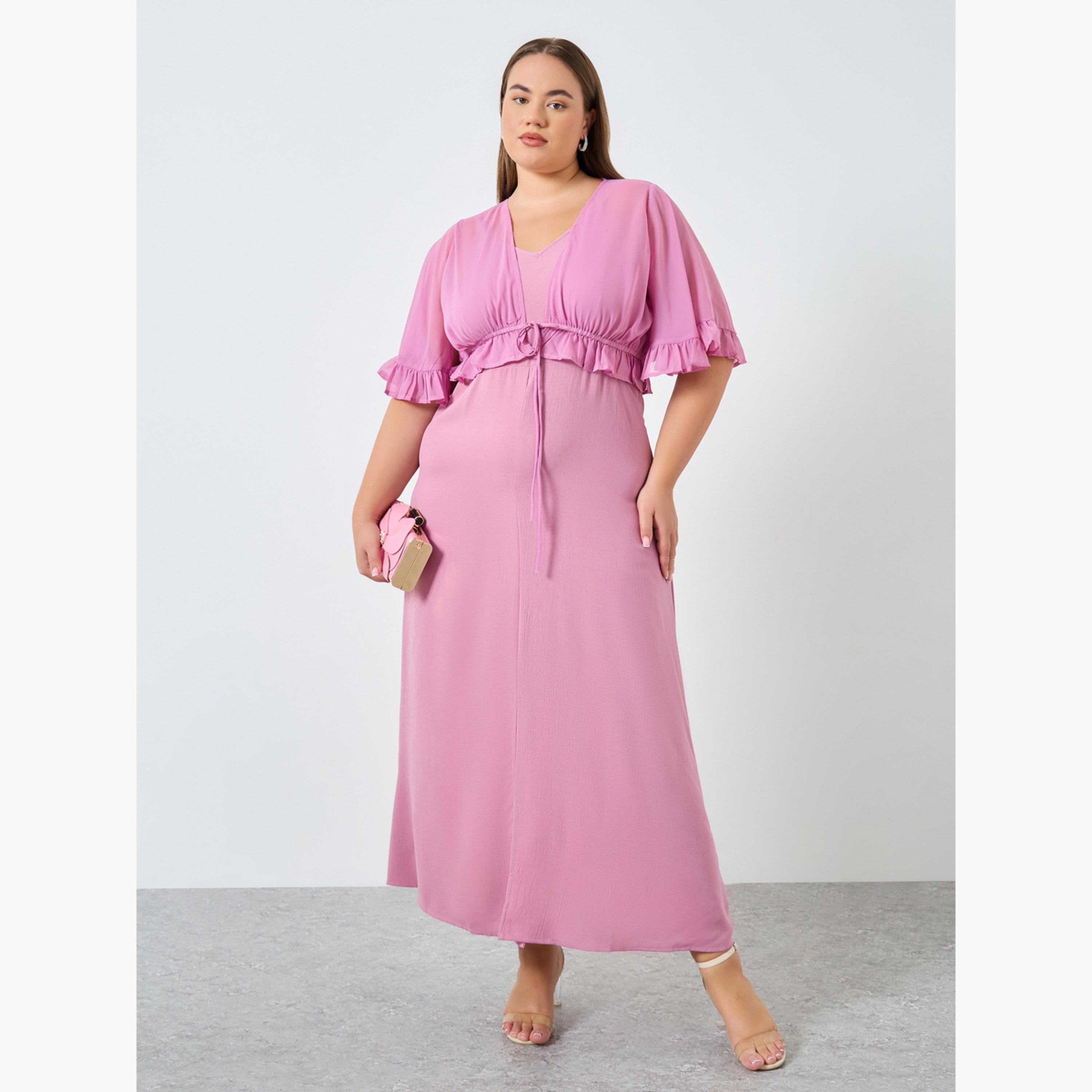 فستان طويل بمقاس كبير وتفاصيل كشكش-women-clothing-dresses-image-1