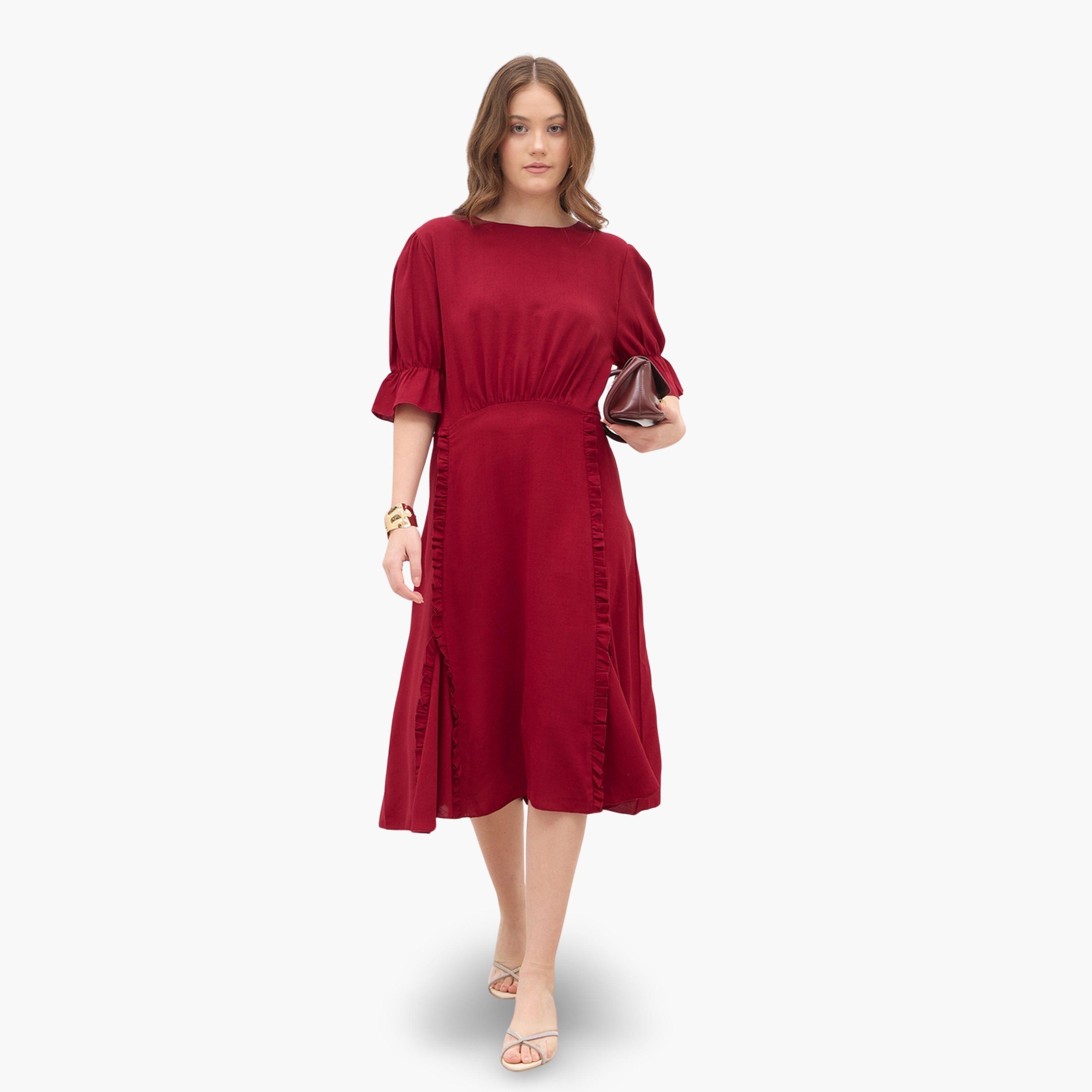 Styli Women Burgundy A-Line Midi Dress-women-clothing-dresses-image-1
