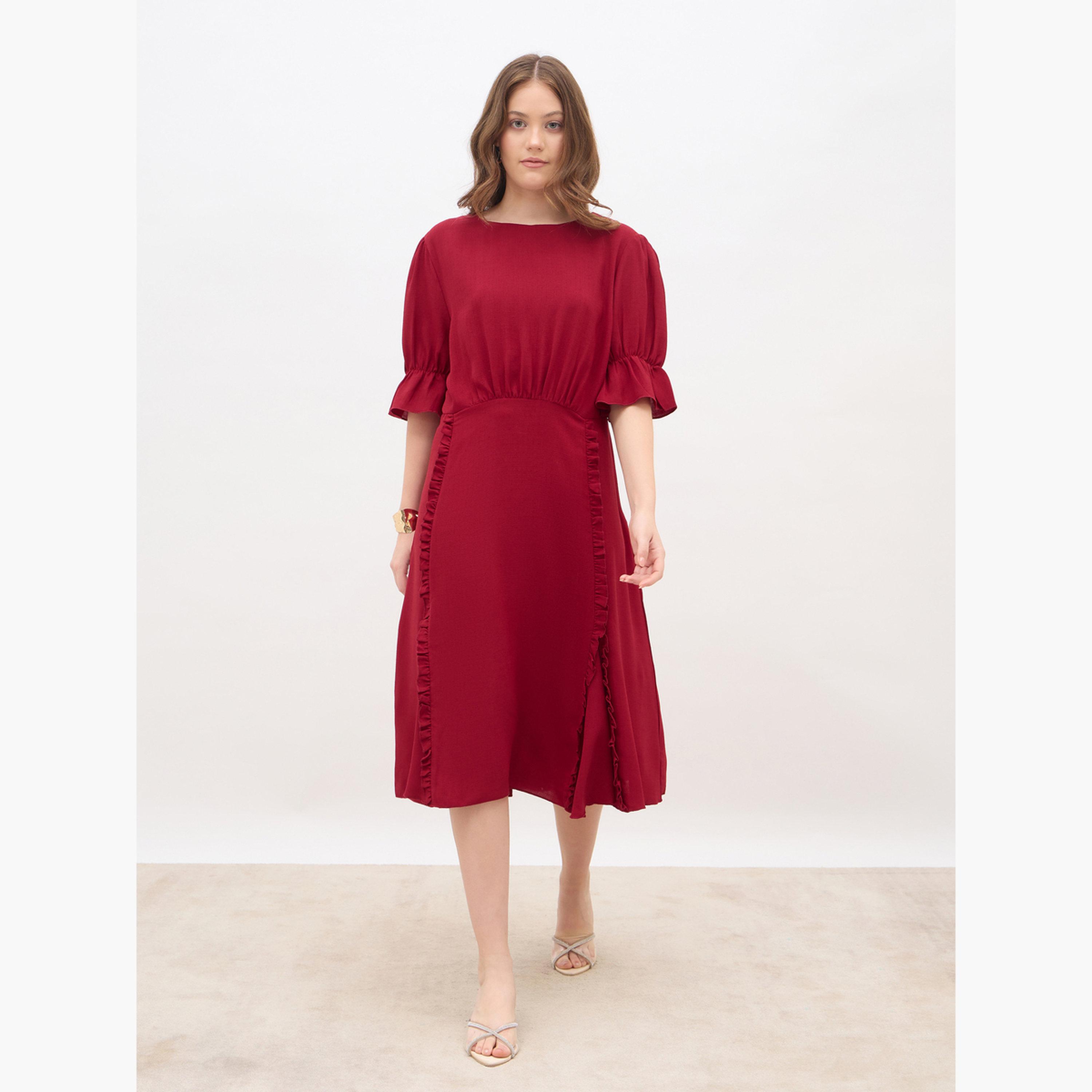 Styli Women Burgundy A-Line Midi Dress-women-clothing-dresses-image-2