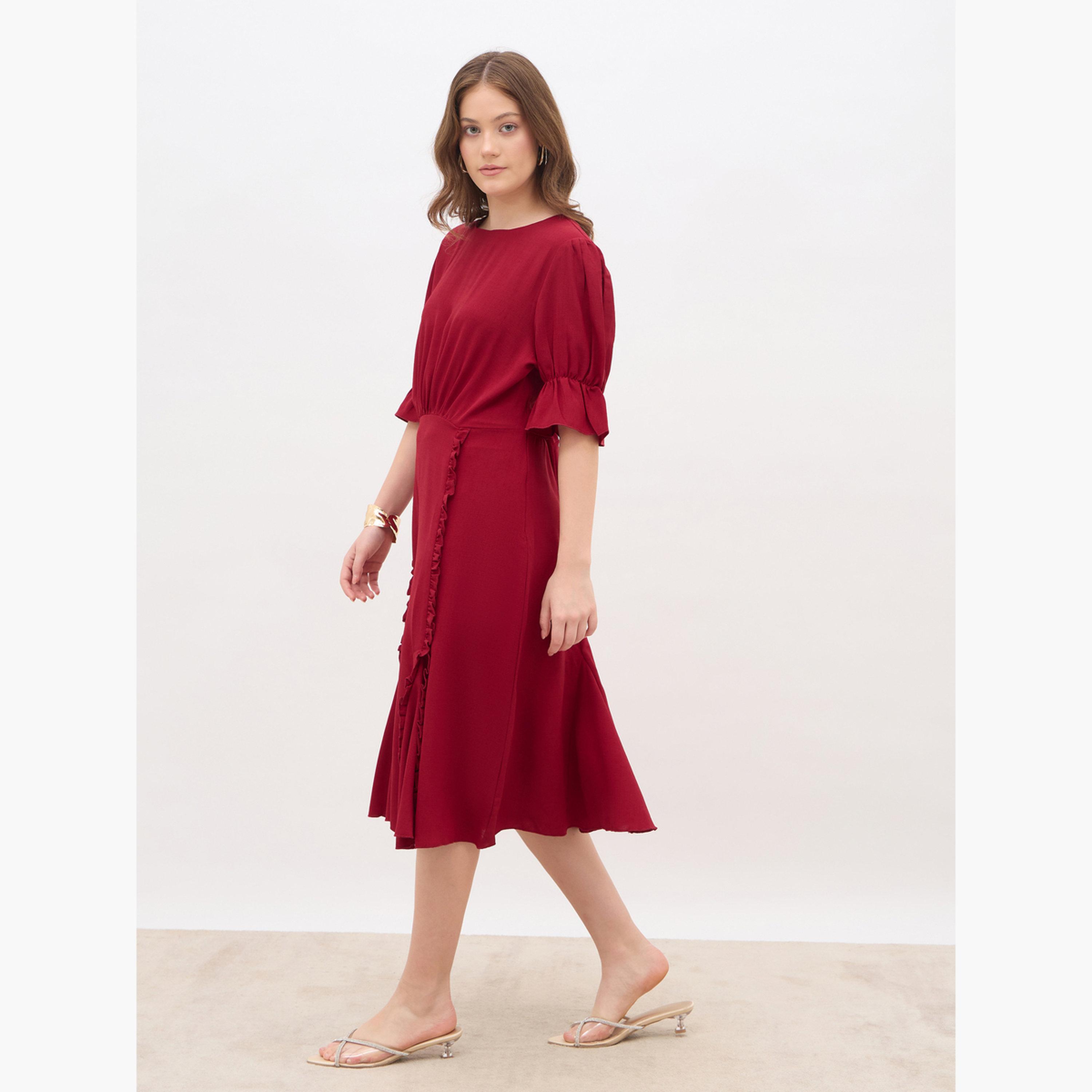 Styli Women Burgundy A-Line Midi Dress-women-clothing-dresses-image-3
