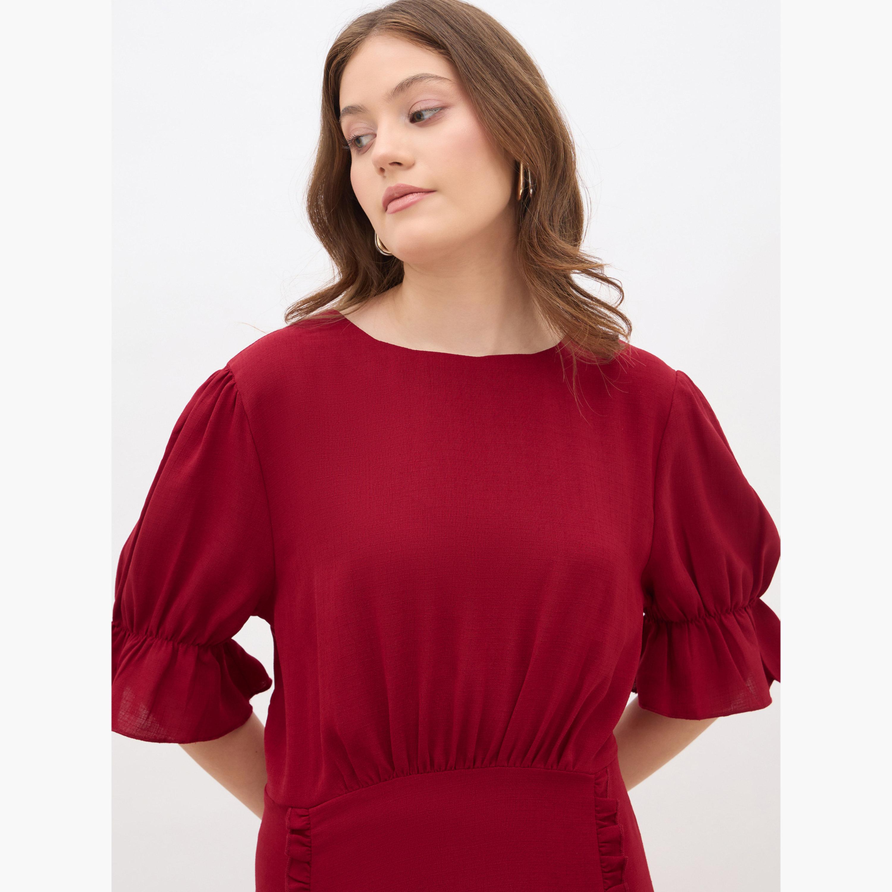 Styli Women Burgundy A-Line Midi Dress-women-clothing-dresses-image-4